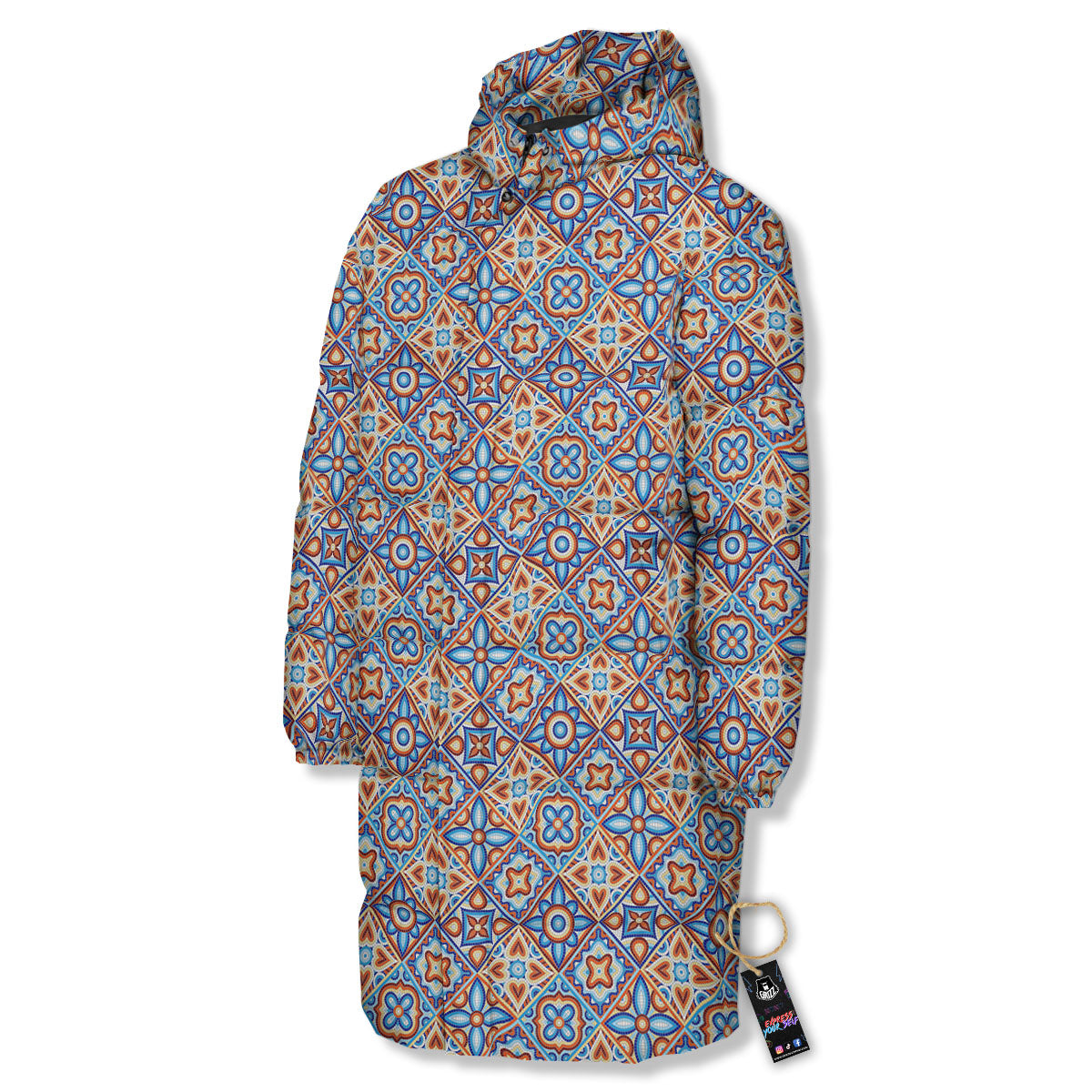 Patchwork Mosaic Print Pattern Long Down Jacket-grizzshop