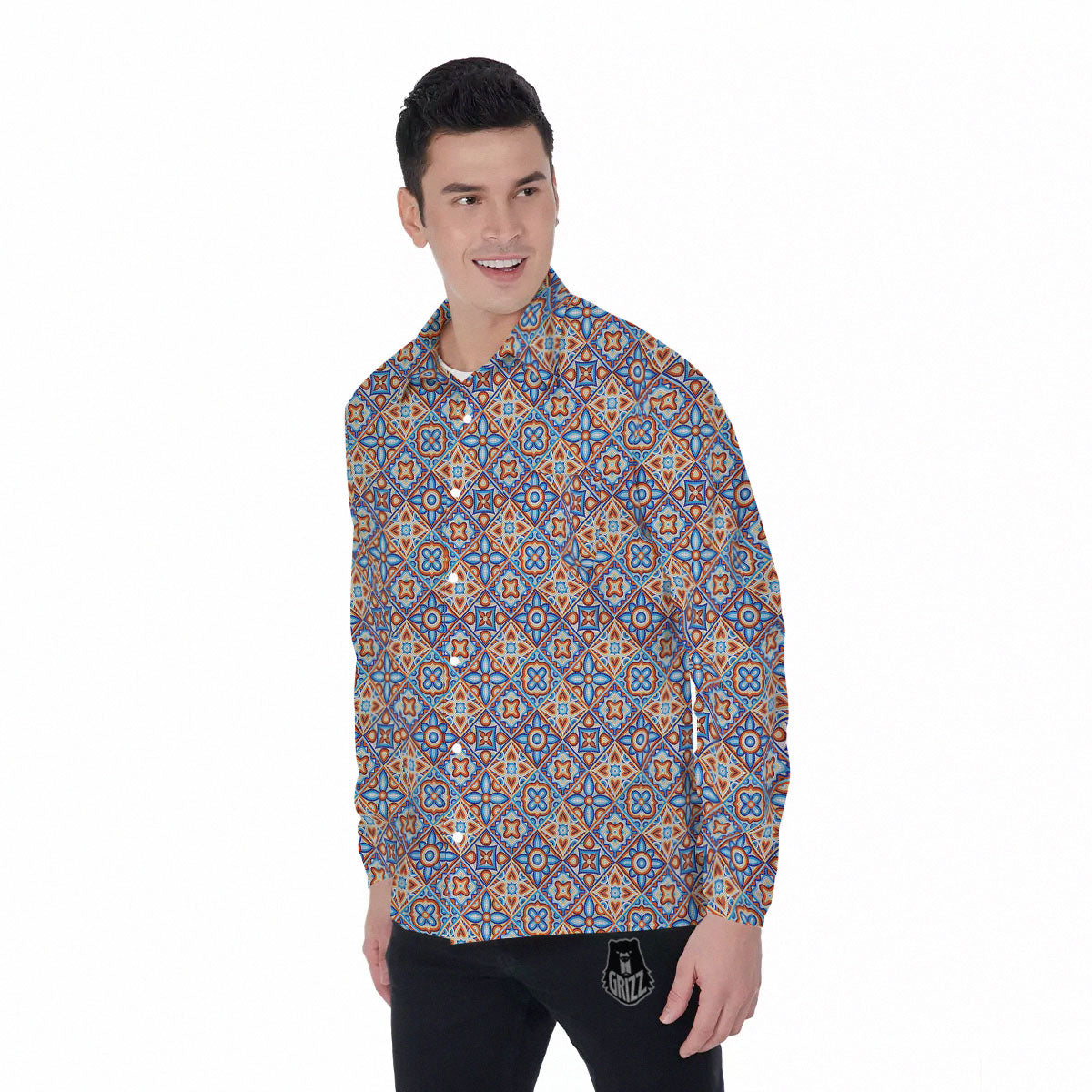 Patchwork Mosaic Print Pattern Men's Long Sleeve Shirts-grizzshop