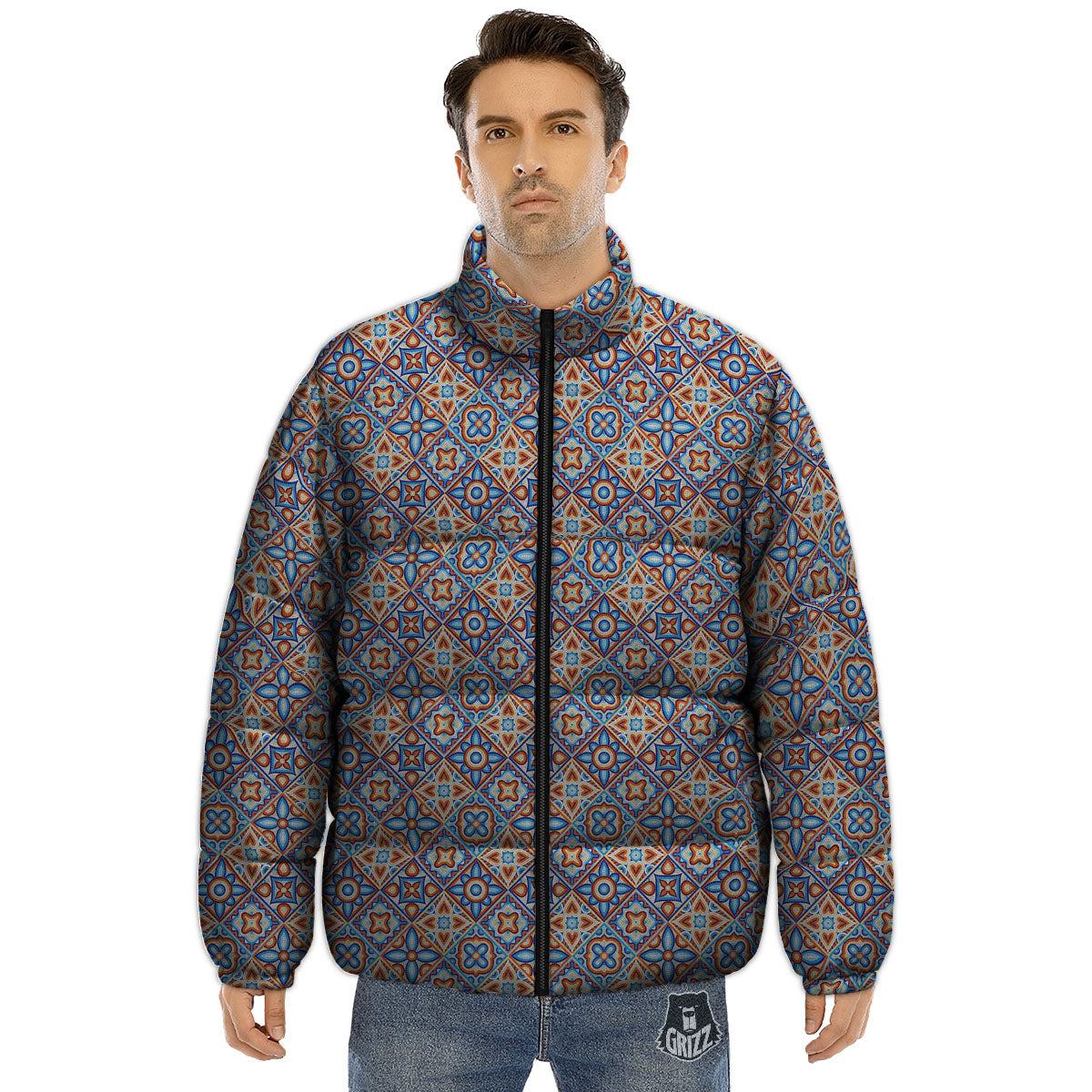 Patchwork Mosaic Print Pattern Puffer Jacket-grizzshop