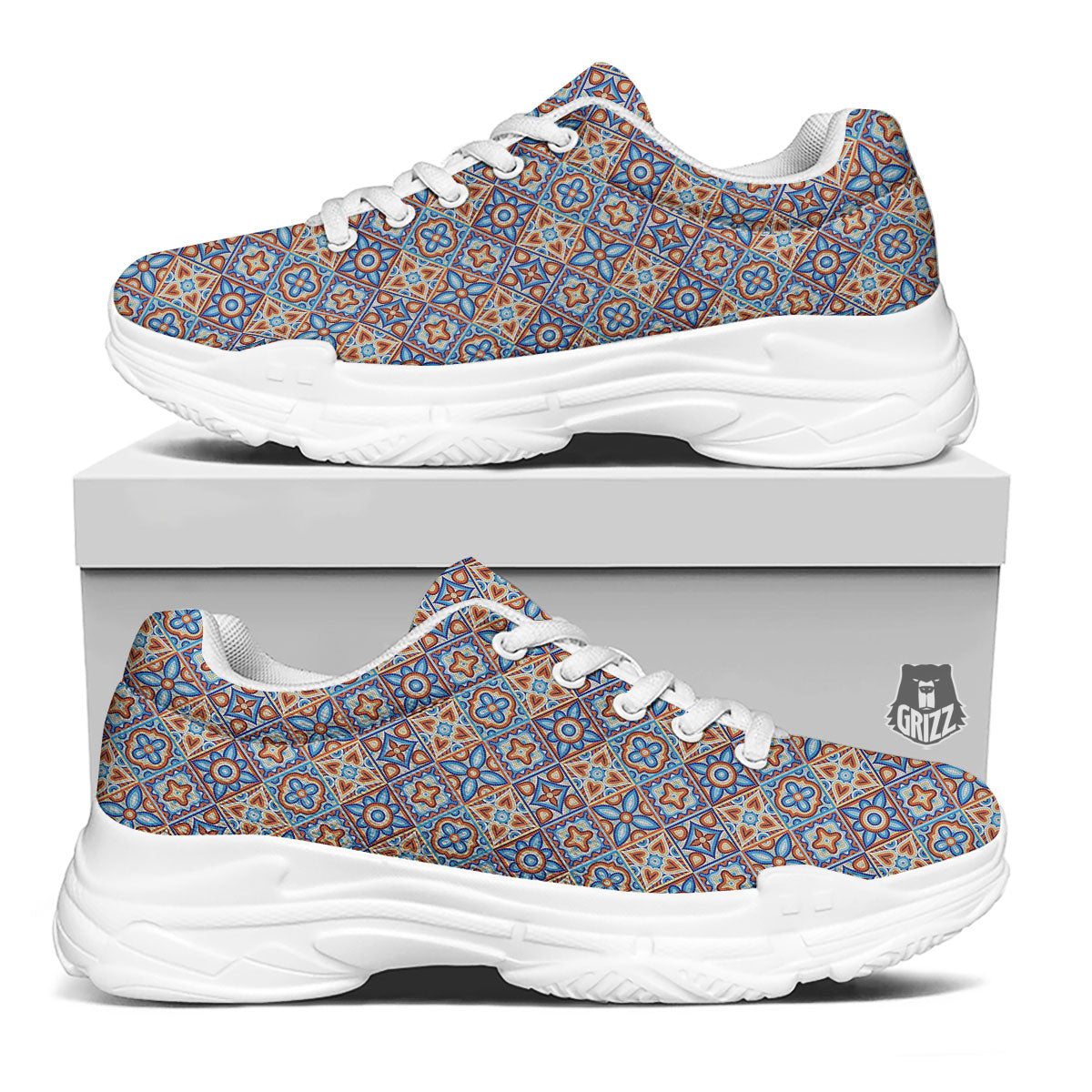 Patchwork Mosaic Print Pattern White Chunky Shoes-grizzshop