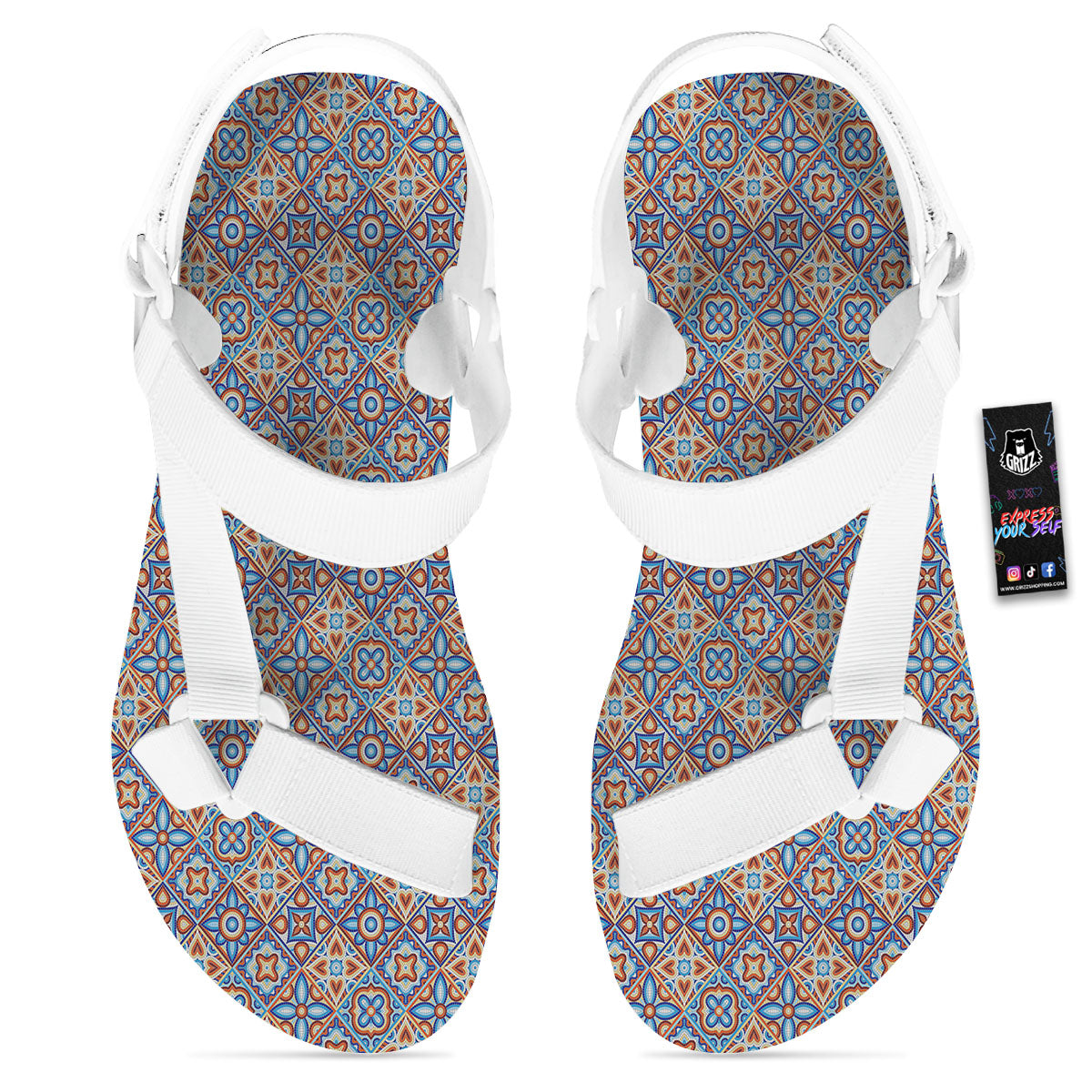 Patchwork Mosaic Print Pattern White Open Toe Sandals-grizzshop