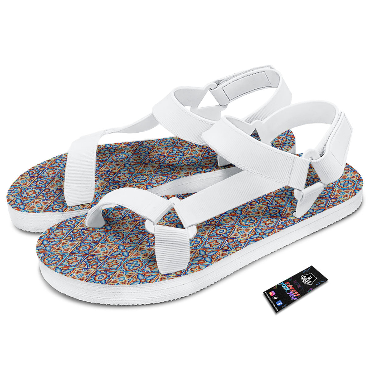 Patchwork Mosaic Print Pattern White Open Toe Sandals-grizzshop