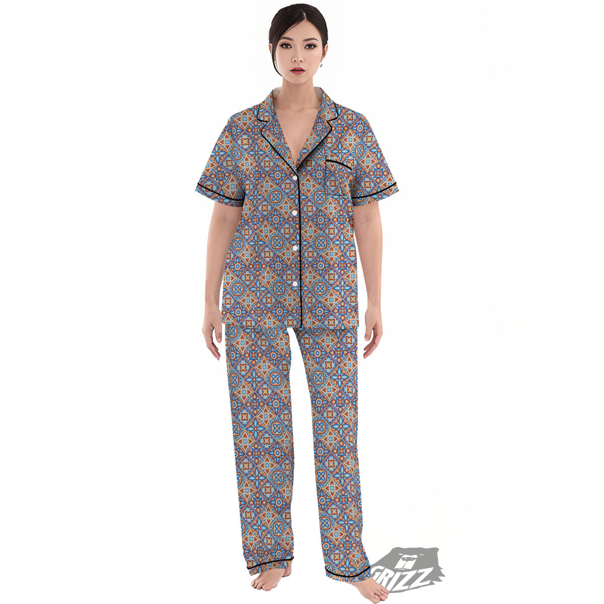 Patchwork Mosaic Print Pattern Women's Pajamas Set-grizzshop