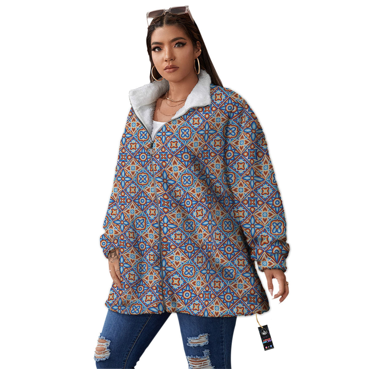 Patchwork Mosaic Print Pattern Women's Sherpa Jacket-grizzshop