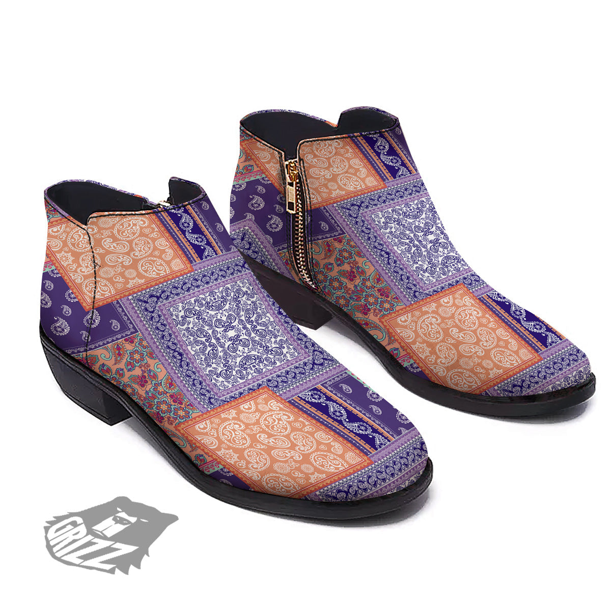 Patchwork Paisley Blue And Orange Print Pattern Ankle Boots-grizzshop