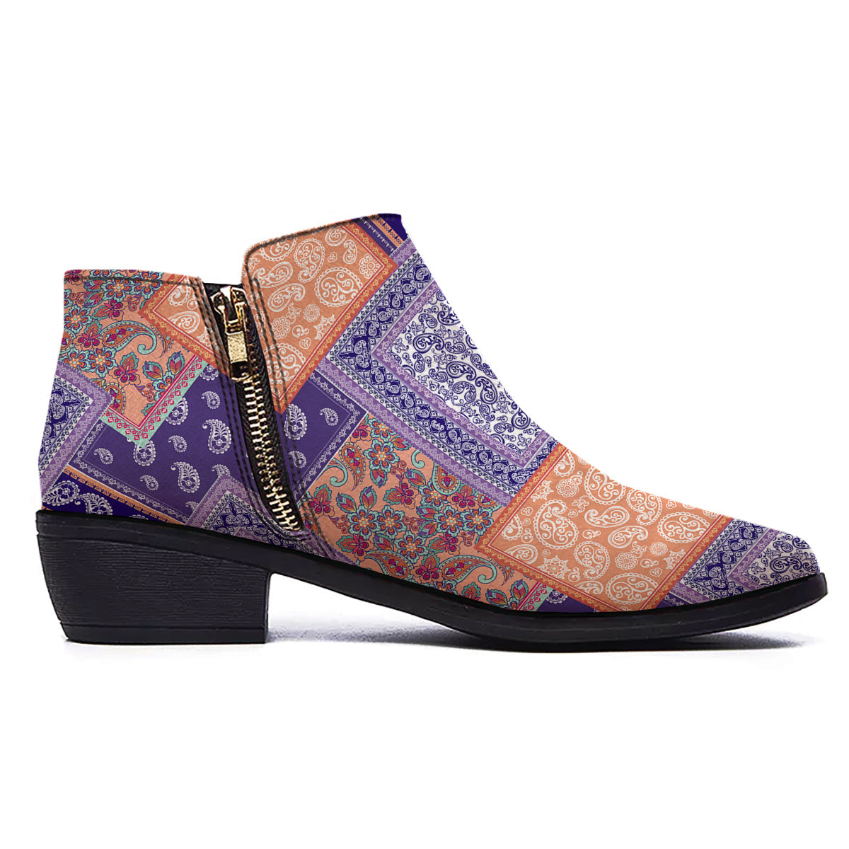 Patchwork Paisley Blue And Orange Print Pattern Ankle Boots-grizzshop