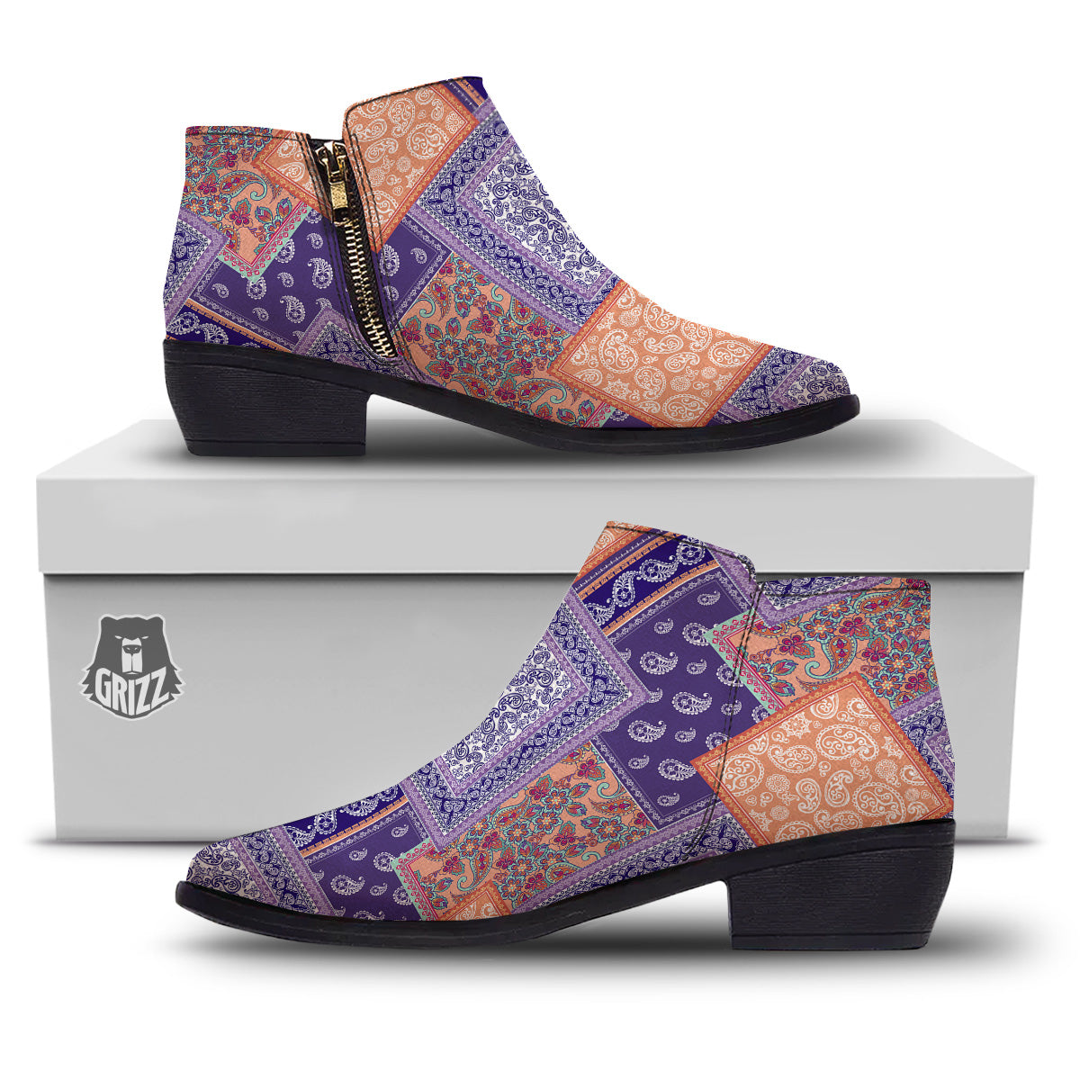 Patchwork Paisley Blue And Orange Print Pattern Ankle Boots-grizzshop