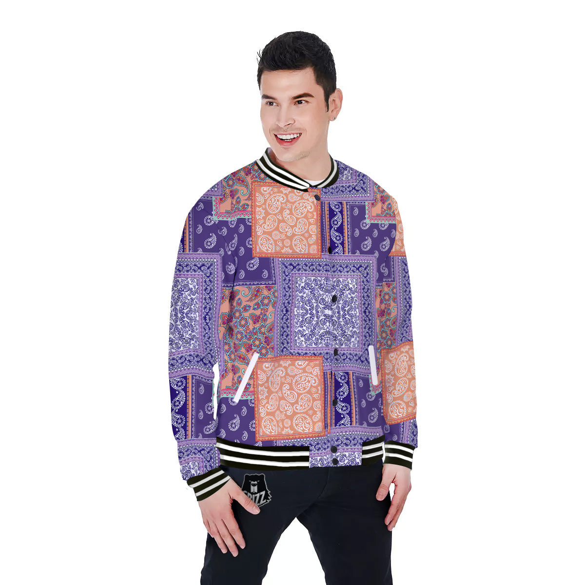 Patchwork Paisley Blue And Orange Print Pattern Baseball Jacket-grizzshop