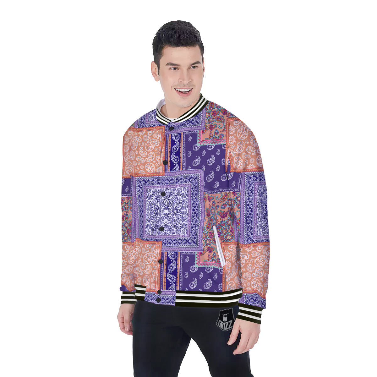 Patchwork Paisley Blue And Orange Print Pattern Baseball Jacket-grizzshop
