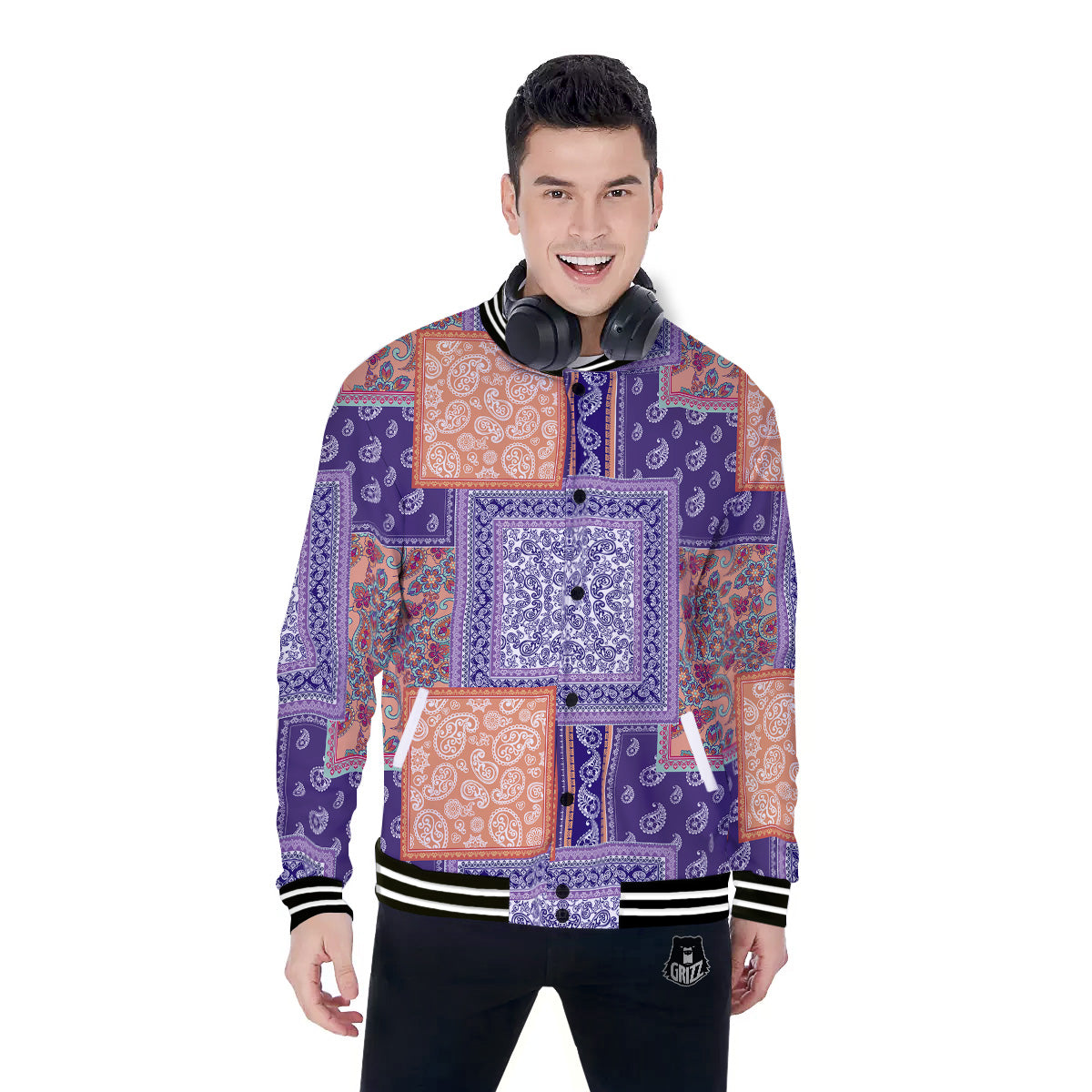 Patchwork Paisley Blue And Orange Print Pattern Baseball Jacket-grizzshop