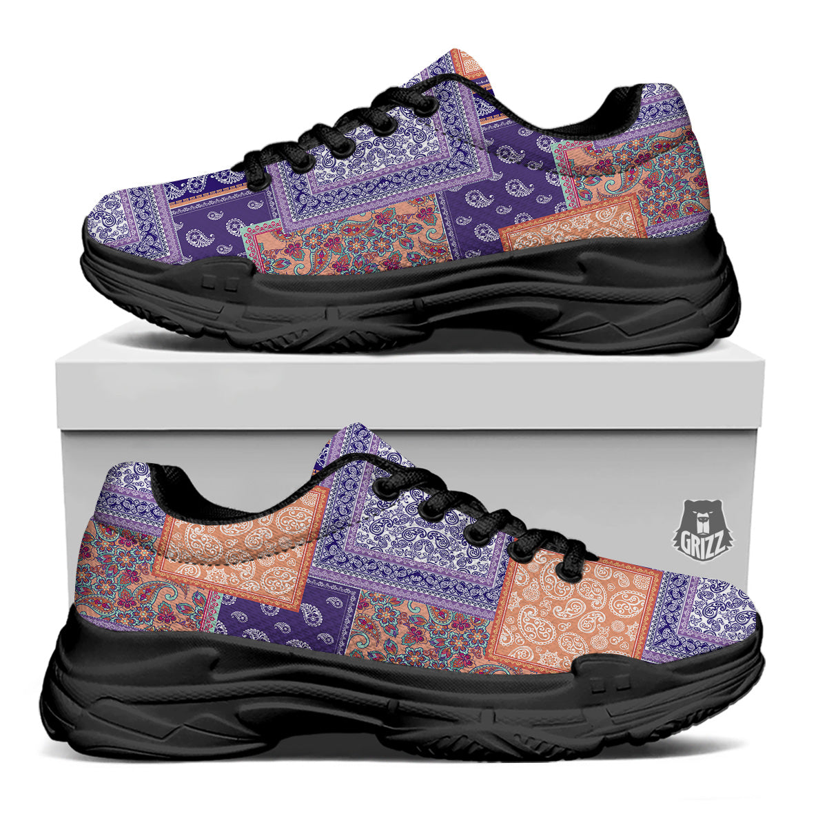Patchwork Paisley Blue And Orange Print Pattern Black Chunky Shoes-grizzshop