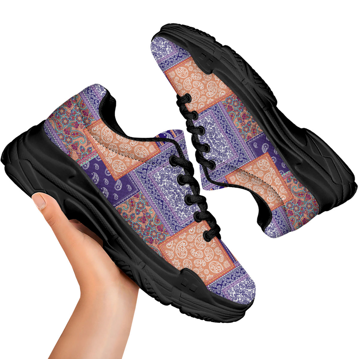 Patchwork Paisley Blue And Orange Print Pattern Black Chunky Shoes-grizzshop