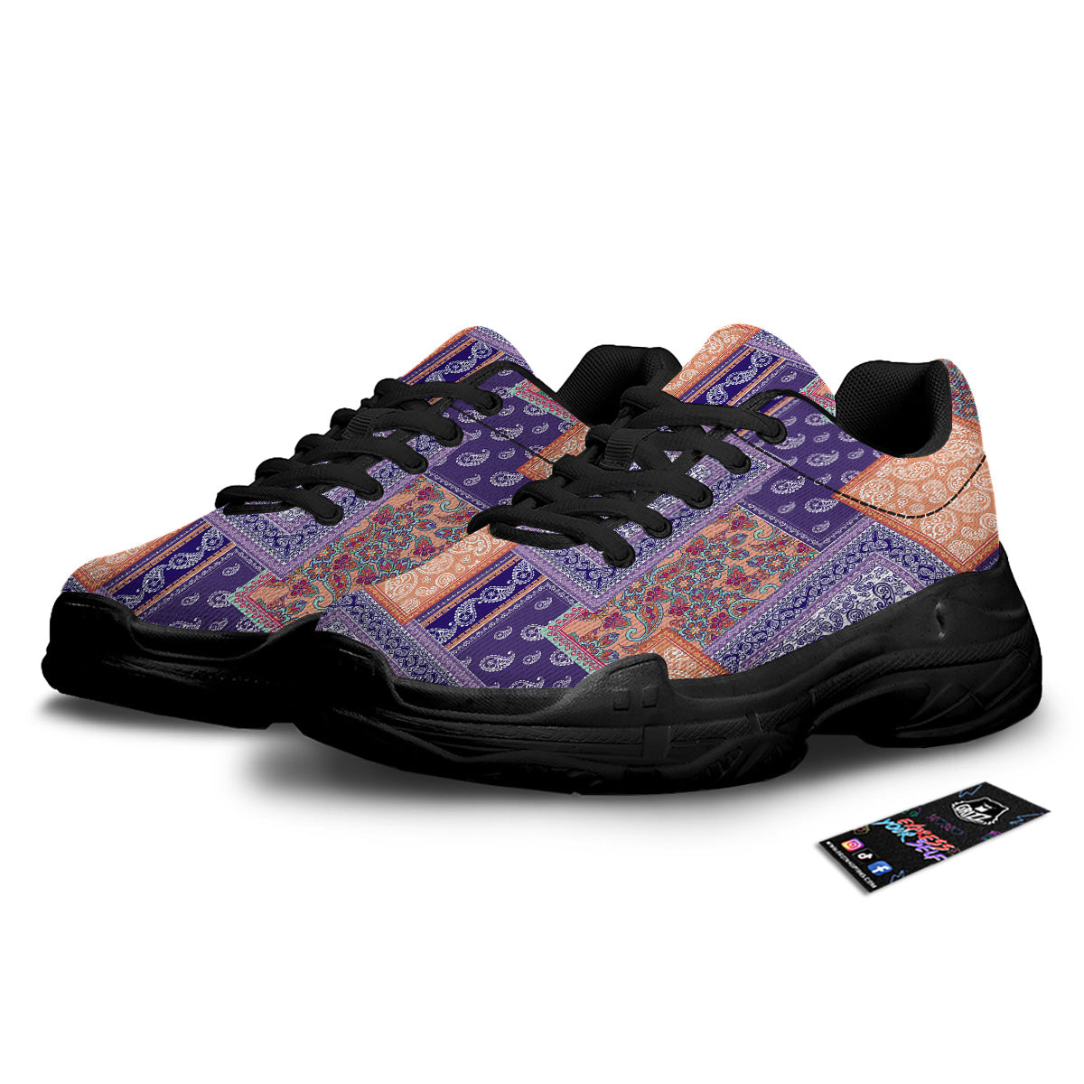 Patchwork Paisley Blue And Orange Print Pattern Black Chunky Shoes-grizzshop
