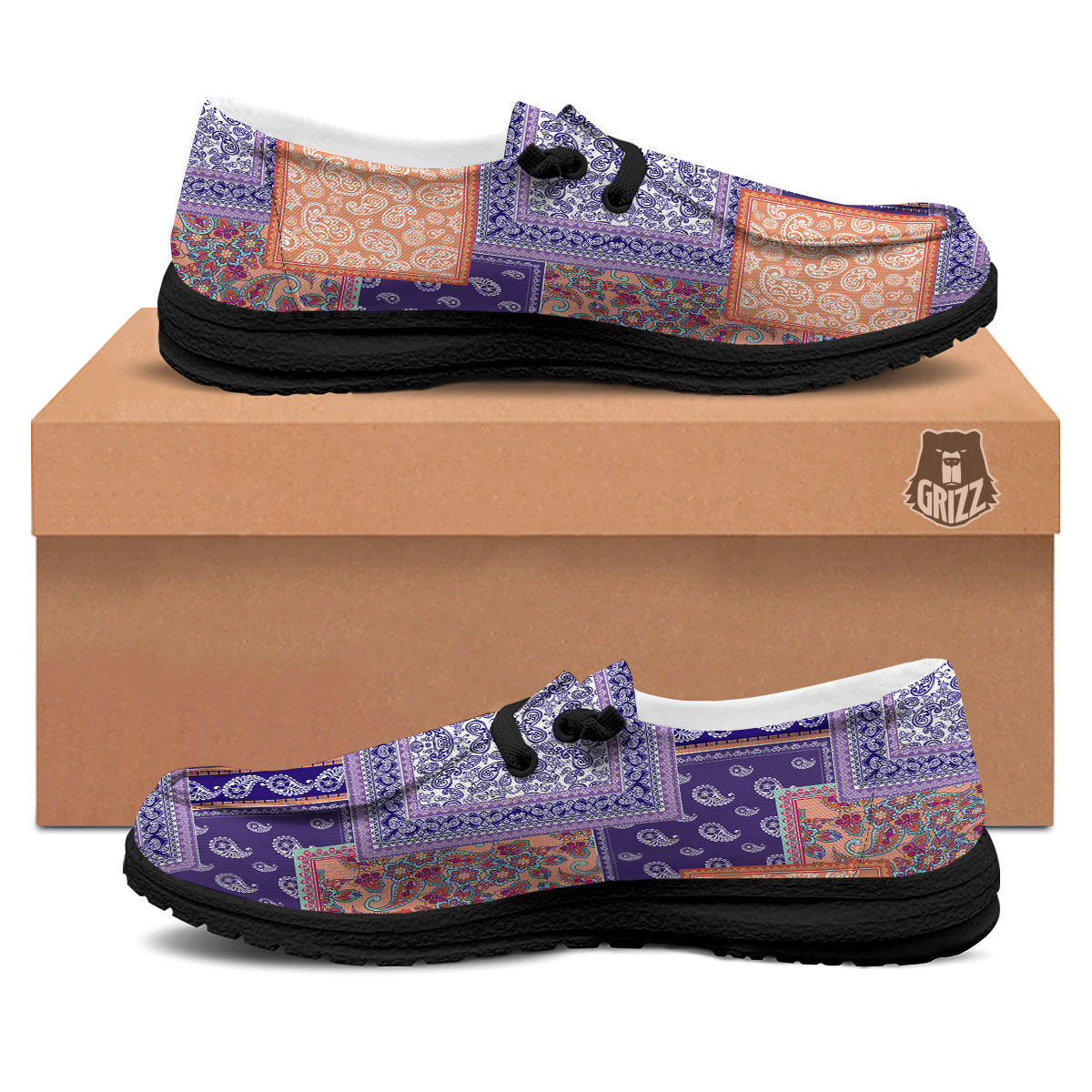 Patchwork Paisley Blue And Orange Print Pattern Black Loafers-grizzshop
