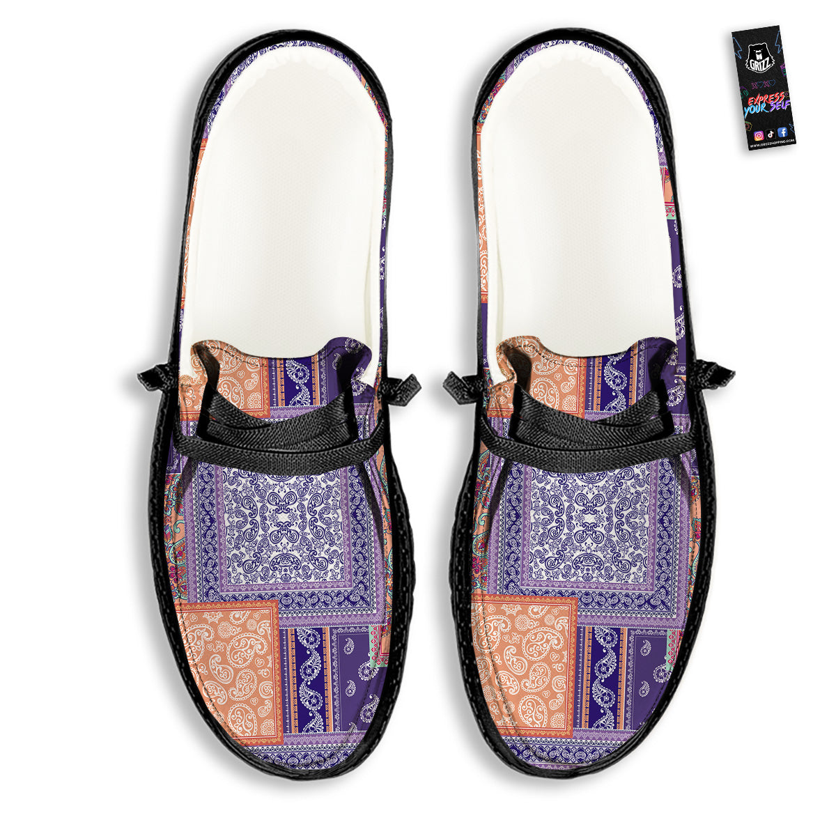 Patchwork Paisley Blue And Orange Print Pattern Black Loafers-grizzshop