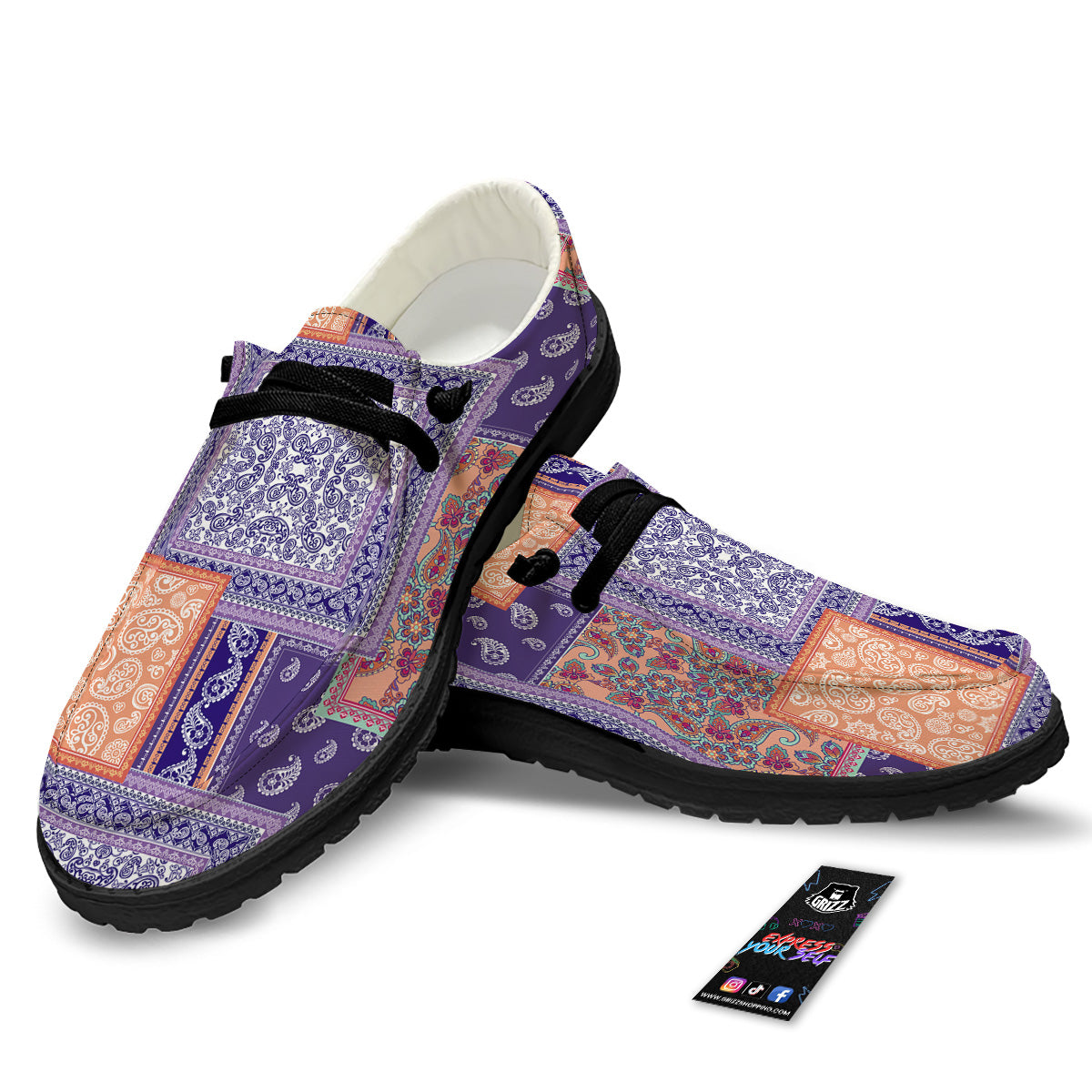Patchwork Paisley Blue And Orange Print Pattern Black Loafers-grizzshop
