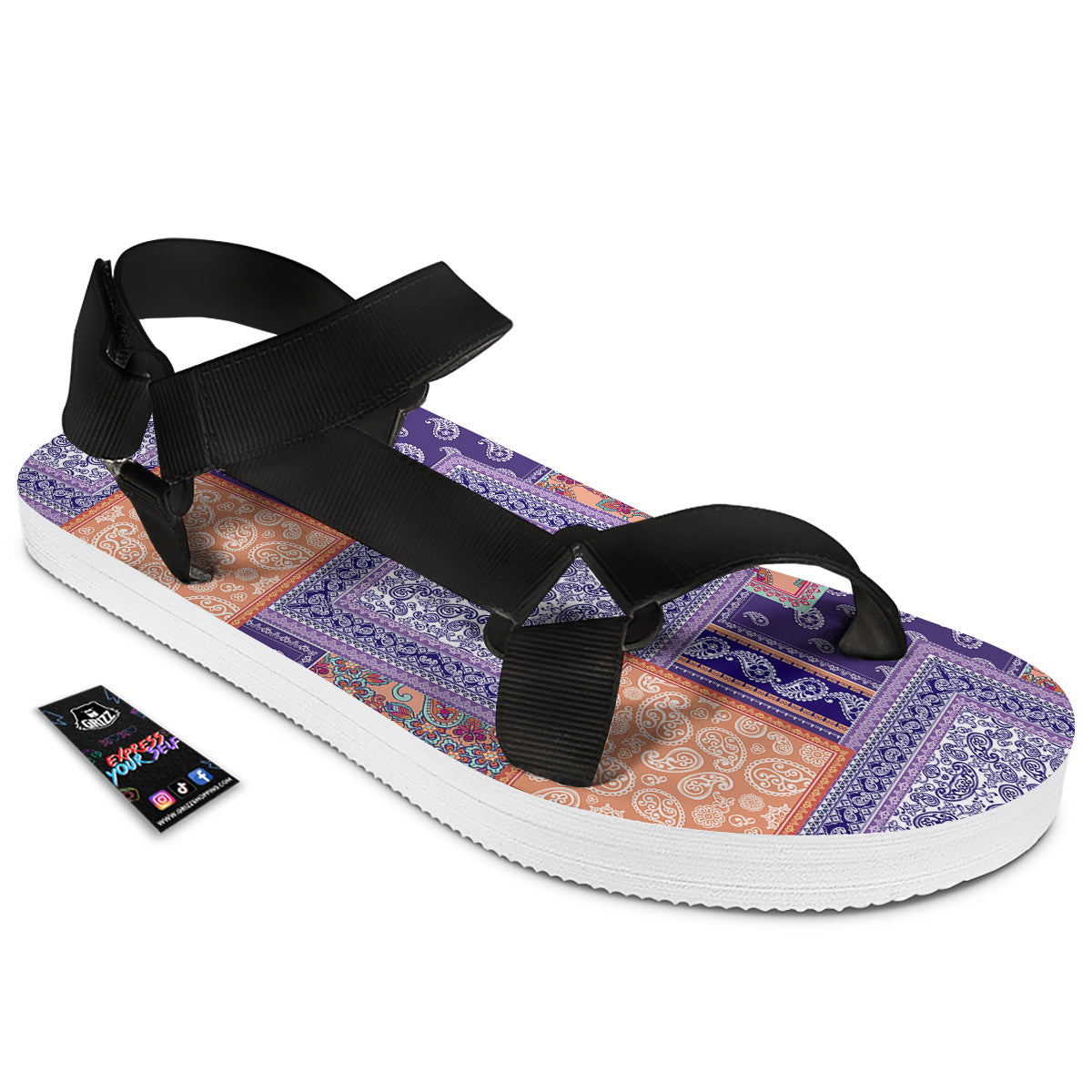 Patchwork Paisley Blue And Orange Print Pattern Black Open Toe Sandals-grizzshop