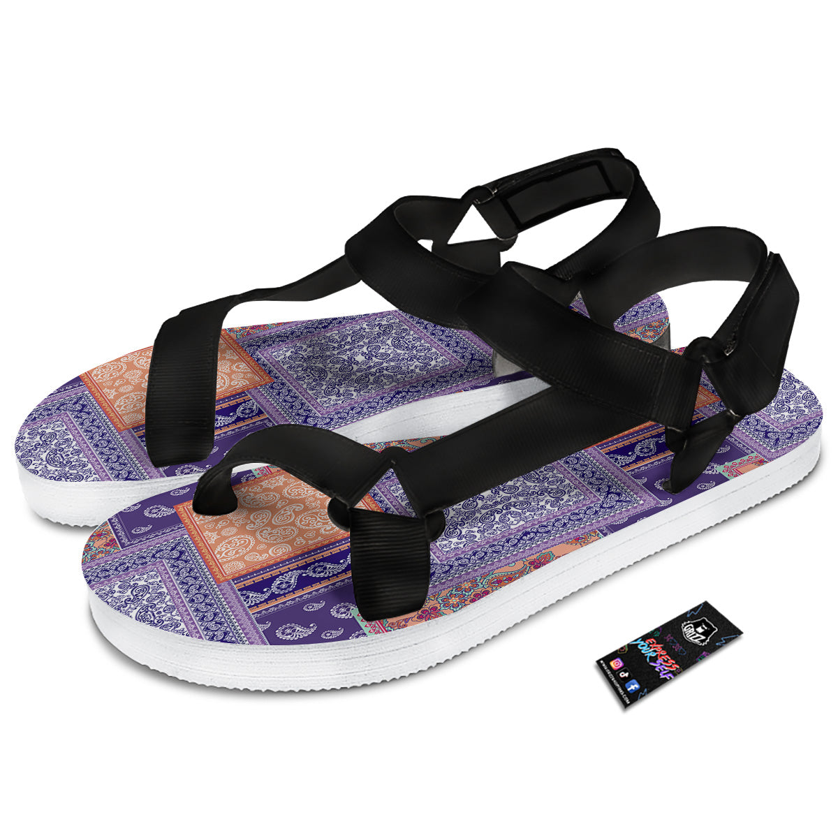 Patchwork Paisley Blue And Orange Print Pattern Black Open Toe Sandals-grizzshop