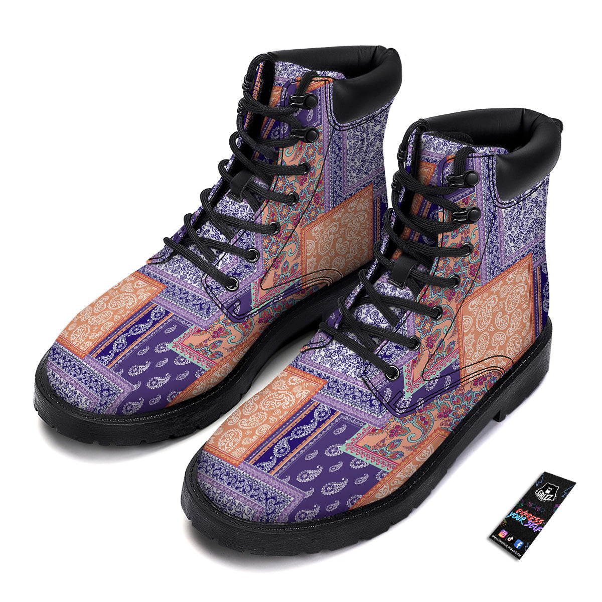 Patchwork Paisley Blue And Orange Print Pattern Boots-grizzshop