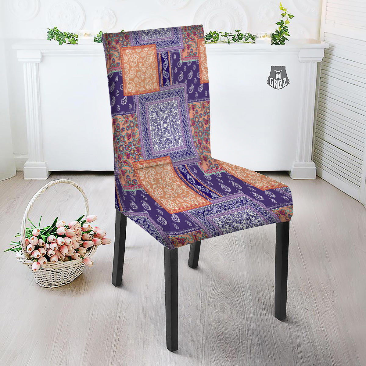 Patchwork Paisley Blue And Orange Print Pattern Dining Chair Slipcover-grizzshop