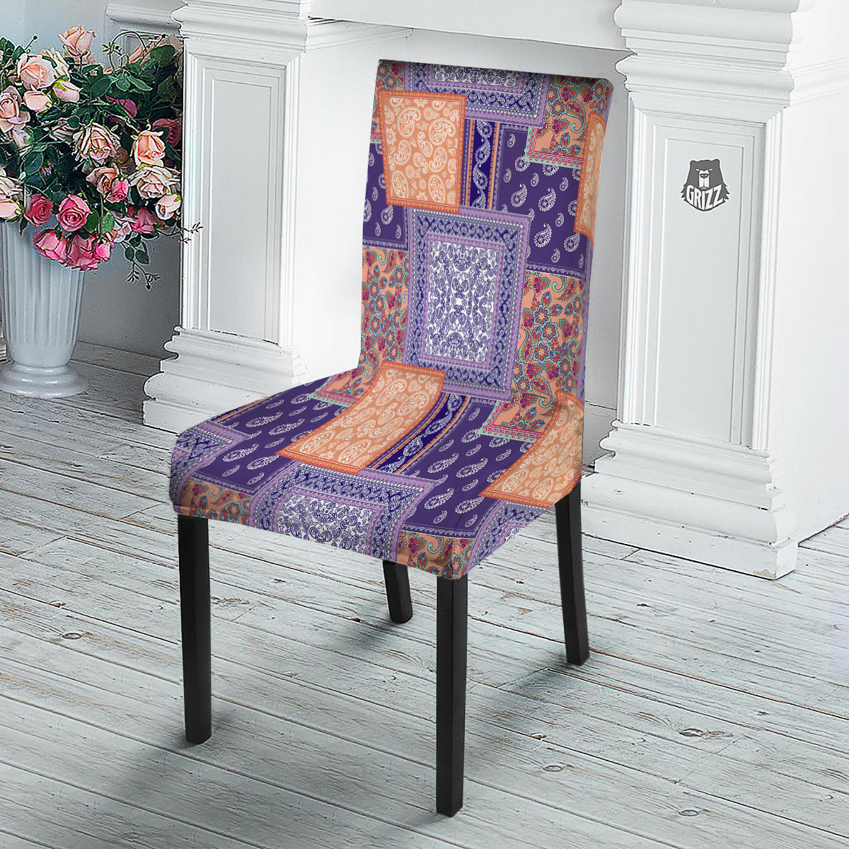 Patchwork Paisley Blue And Orange Print Pattern Dining Chair Slipcover-grizzshop