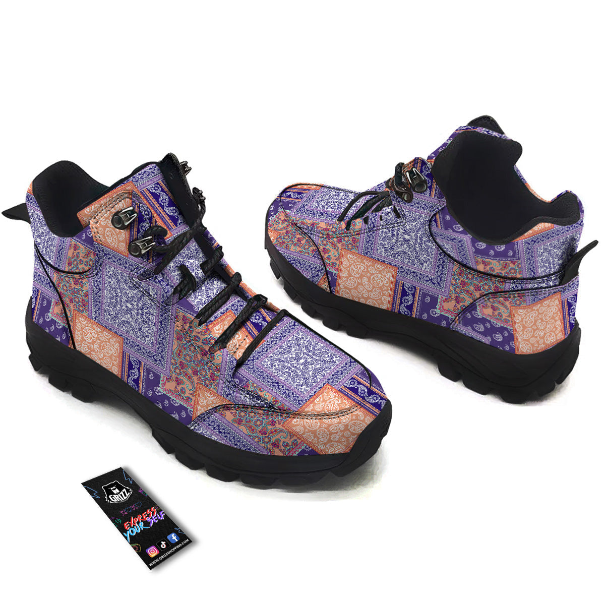 Patchwork Paisley Blue And Orange Print Pattern Hiking Shoes-grizzshop