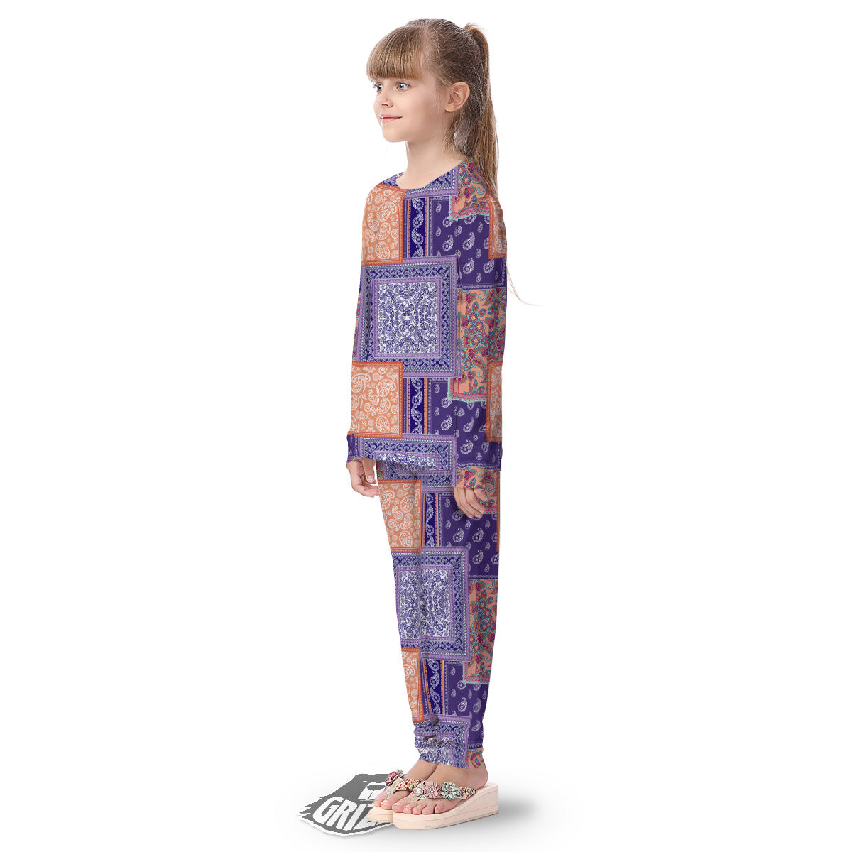 Patchwork Paisley Blue And Orange Print Pattern Kid's Pajamas-grizzshop