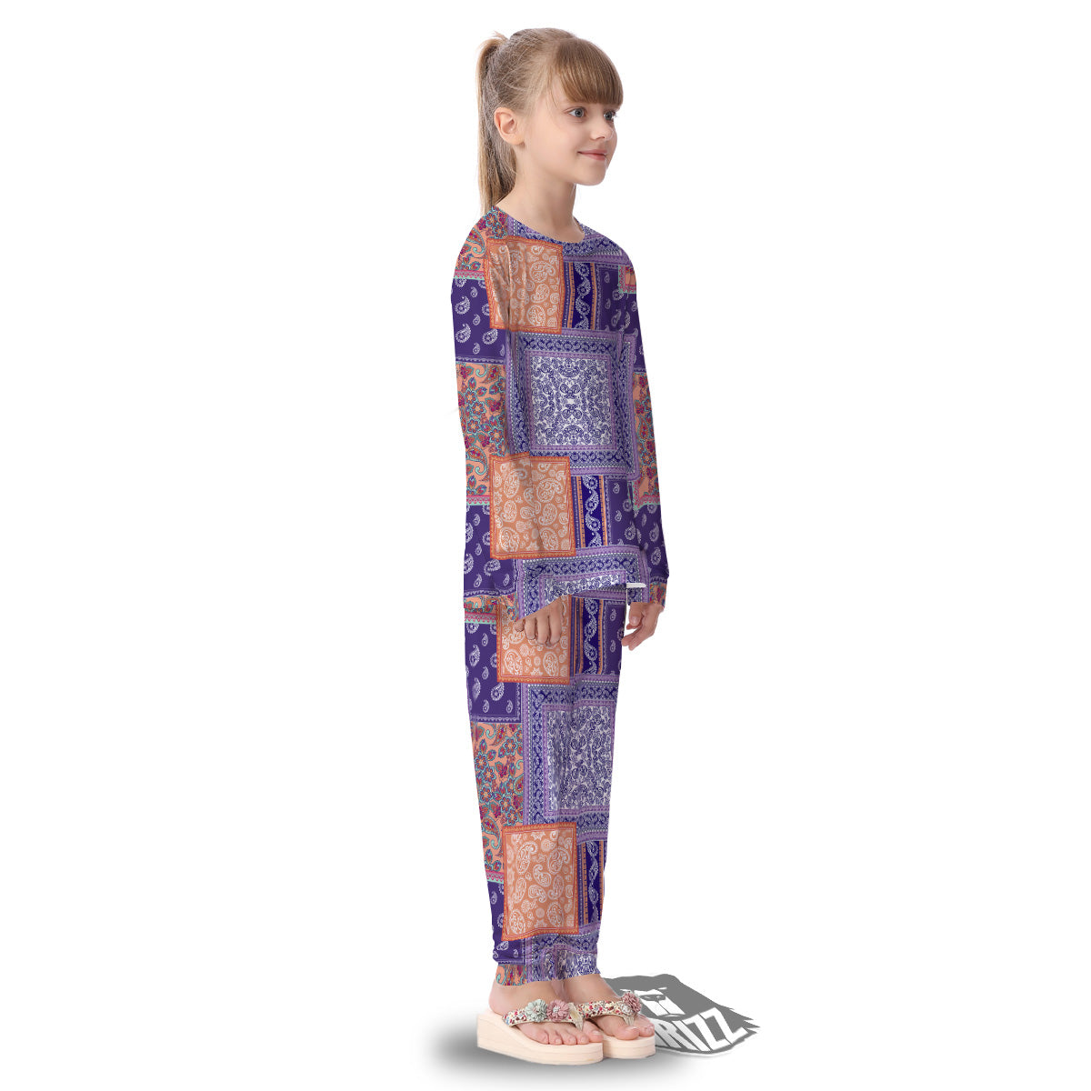 Patchwork Paisley Blue And Orange Print Pattern Kid's Pajamas-grizzshop