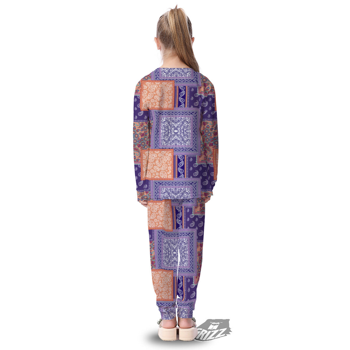 Patchwork Paisley Blue And Orange Print Pattern Kid's Pajamas-grizzshop