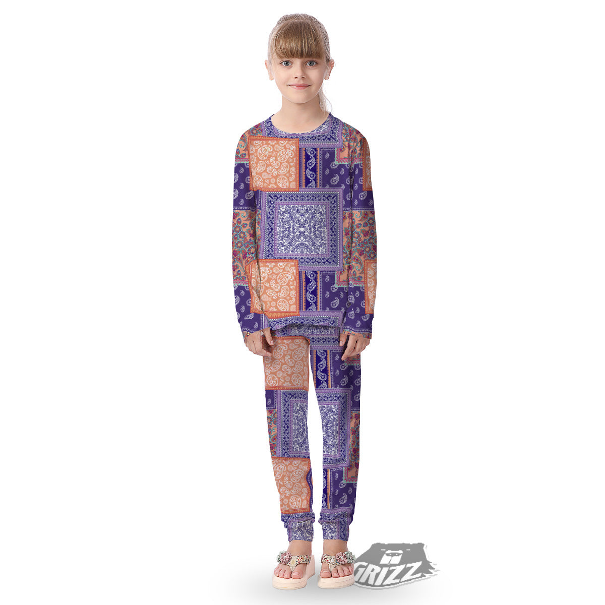 Patchwork Paisley Blue And Orange Print Pattern Kid's Pajamas-grizzshop