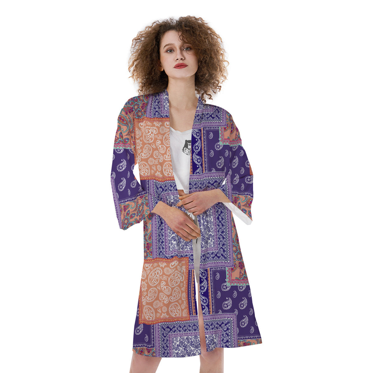 Patchwork Paisley Blue And Orange Print Pattern Kimono-grizzshop
