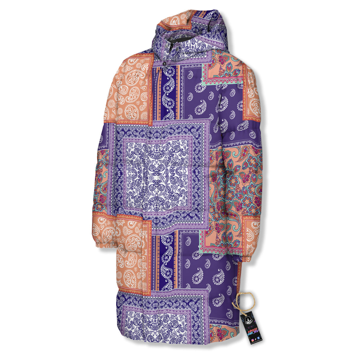 Patchwork Paisley Blue And Orange Print Pattern Long Down Jacket-grizzshop