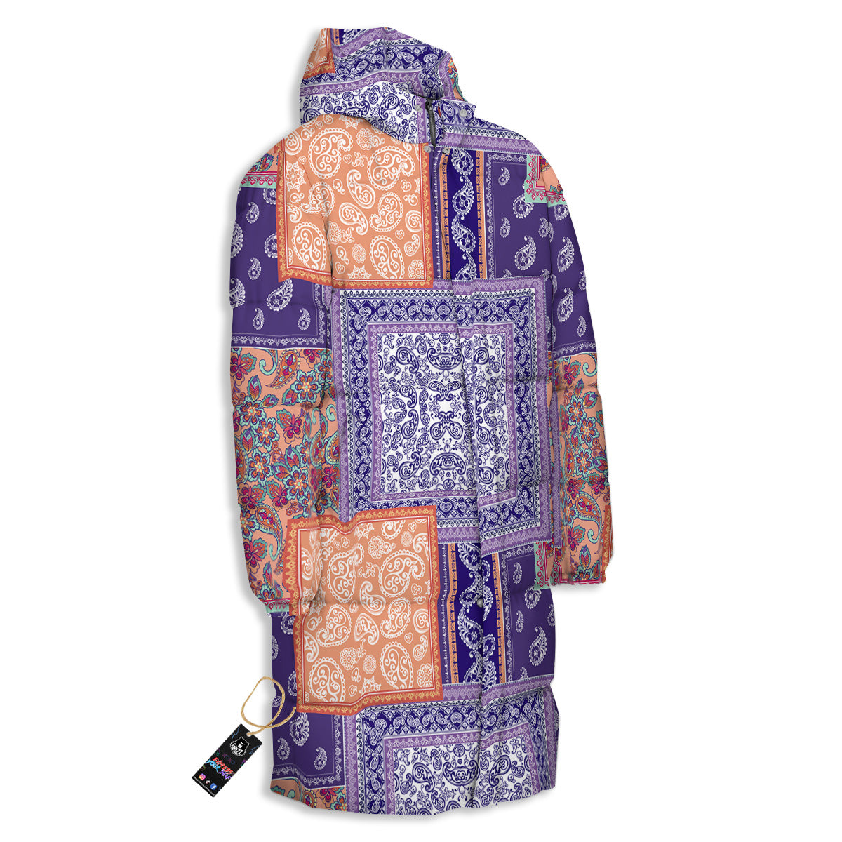 Patchwork Paisley Blue And Orange Print Pattern Long Down Jacket-grizzshop