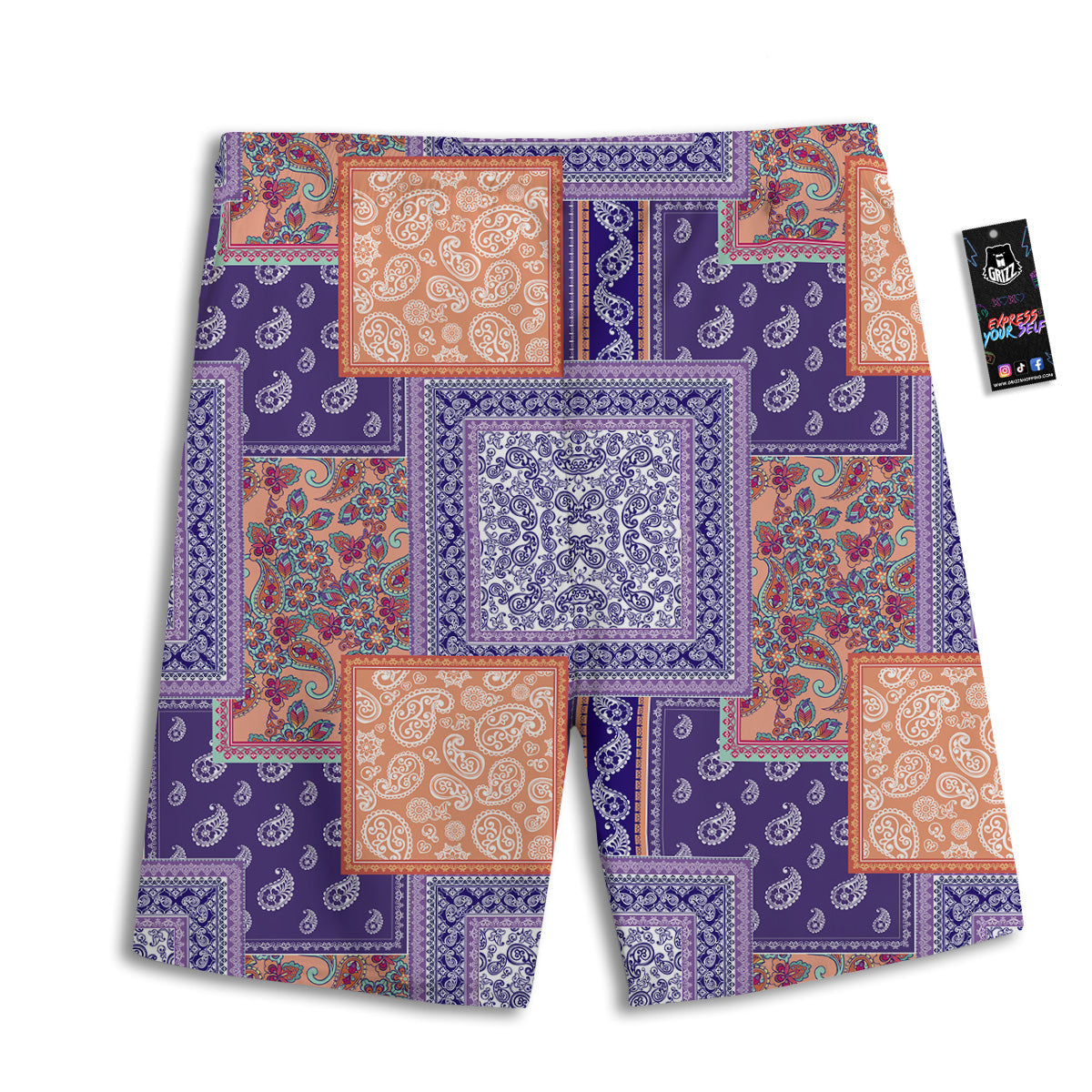 Patchwork Paisley Blue And Orange Print Pattern Men's Athletic Shorts