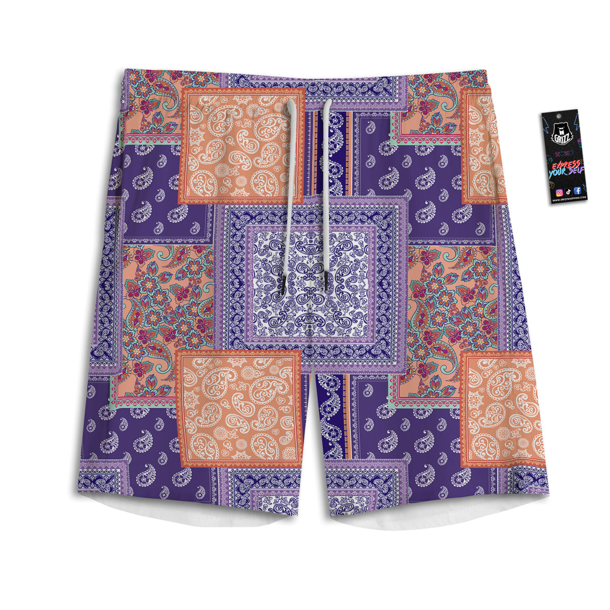 Patchwork Paisley Blue And Orange Print Pattern Men's Athletic Shorts