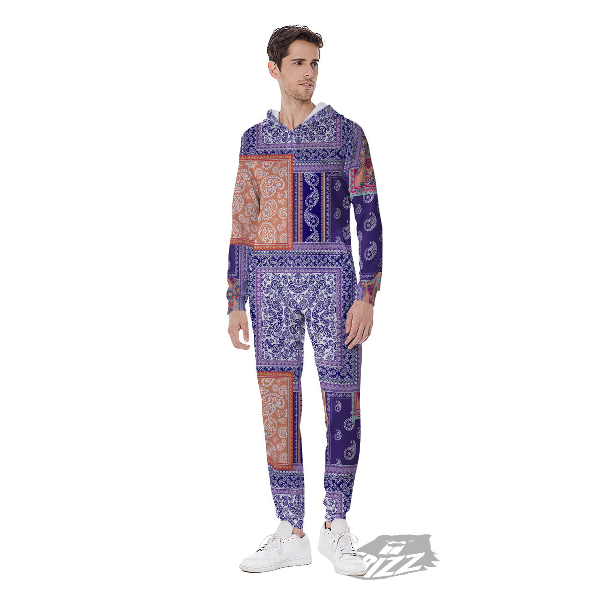 Patchwork Paisley Blue And Orange Print Pattern Men's Jumpsuit-grizzshop
