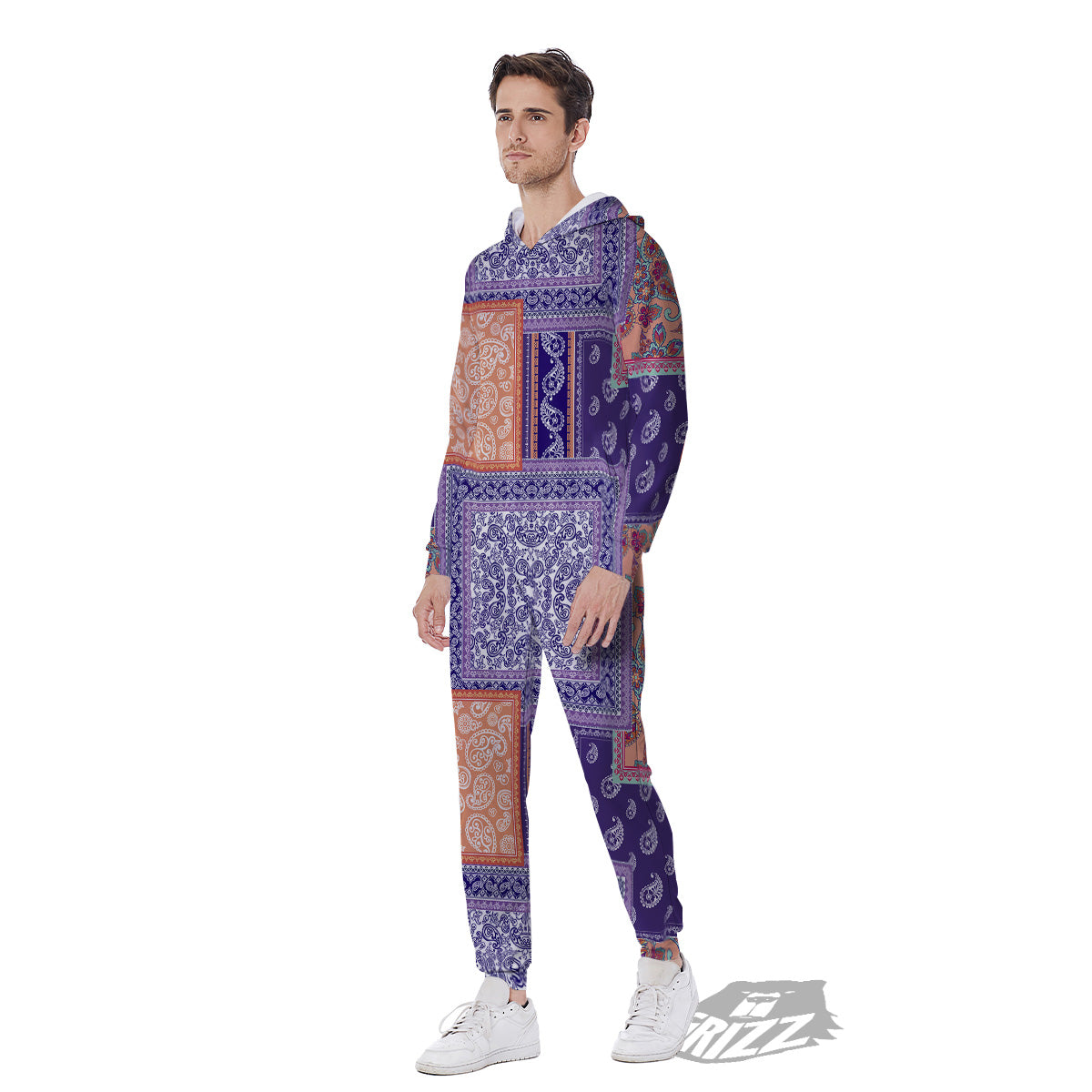 Patchwork Paisley Blue And Orange Print Pattern Men's Jumpsuit-grizzshop