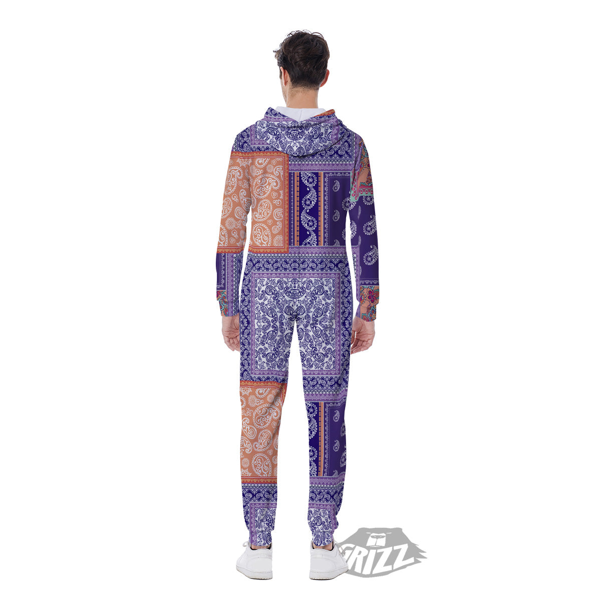 Patchwork Paisley Blue And Orange Print Pattern Men's Jumpsuit-grizzshop