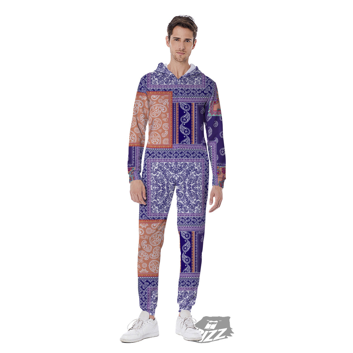 Patchwork Paisley Blue And Orange Print Pattern Men's Jumpsuit-grizzshop