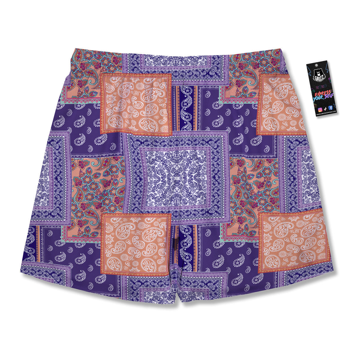 Patchwork Paisley Blue And Orange Print Pattern Men's Running Shorts-grizzshop