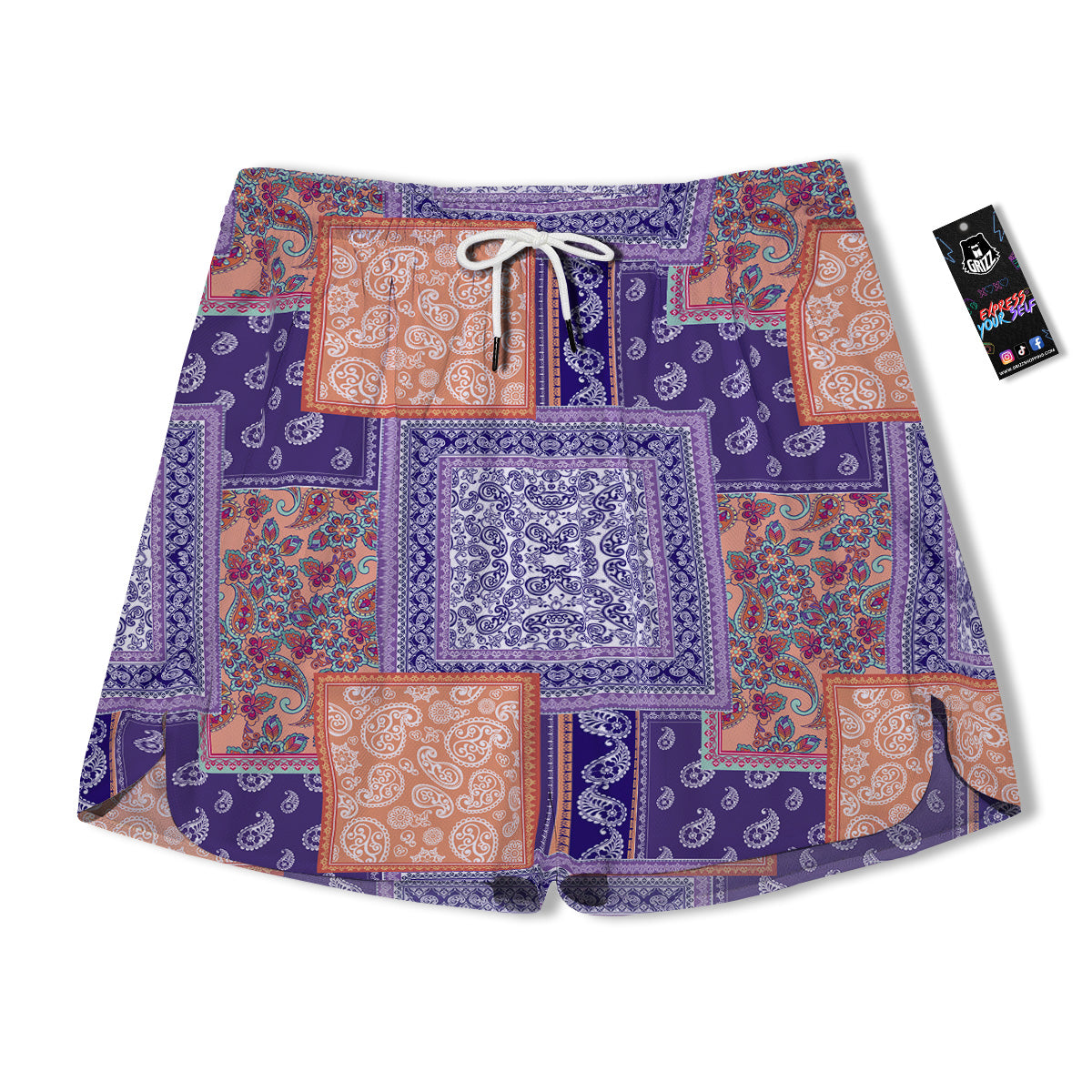 Patchwork Paisley Blue And Orange Print Pattern Men's Running Shorts-grizzshop