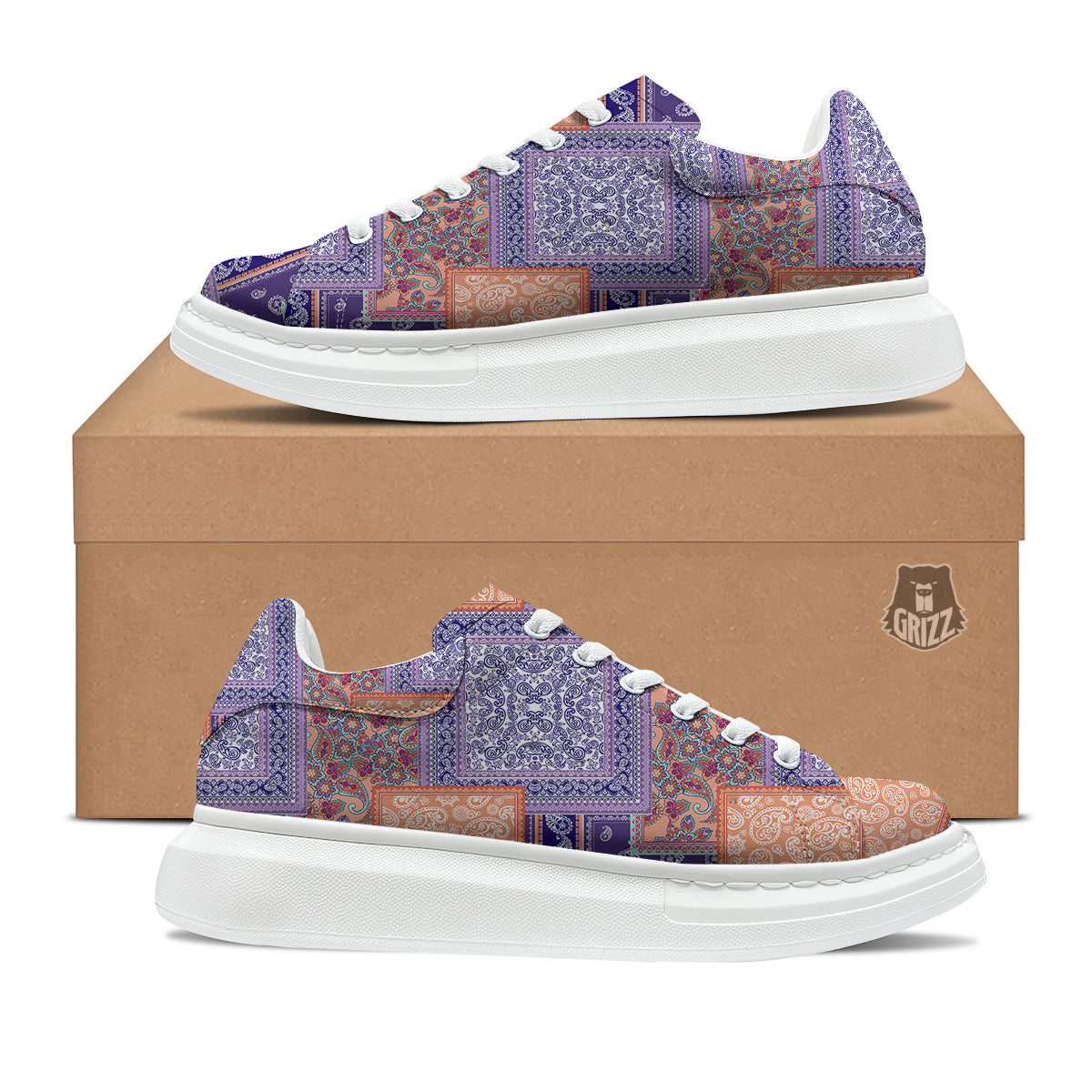 Patchwork Paisley Blue And Orange Print Pattern Platform Shoes-grizzshop