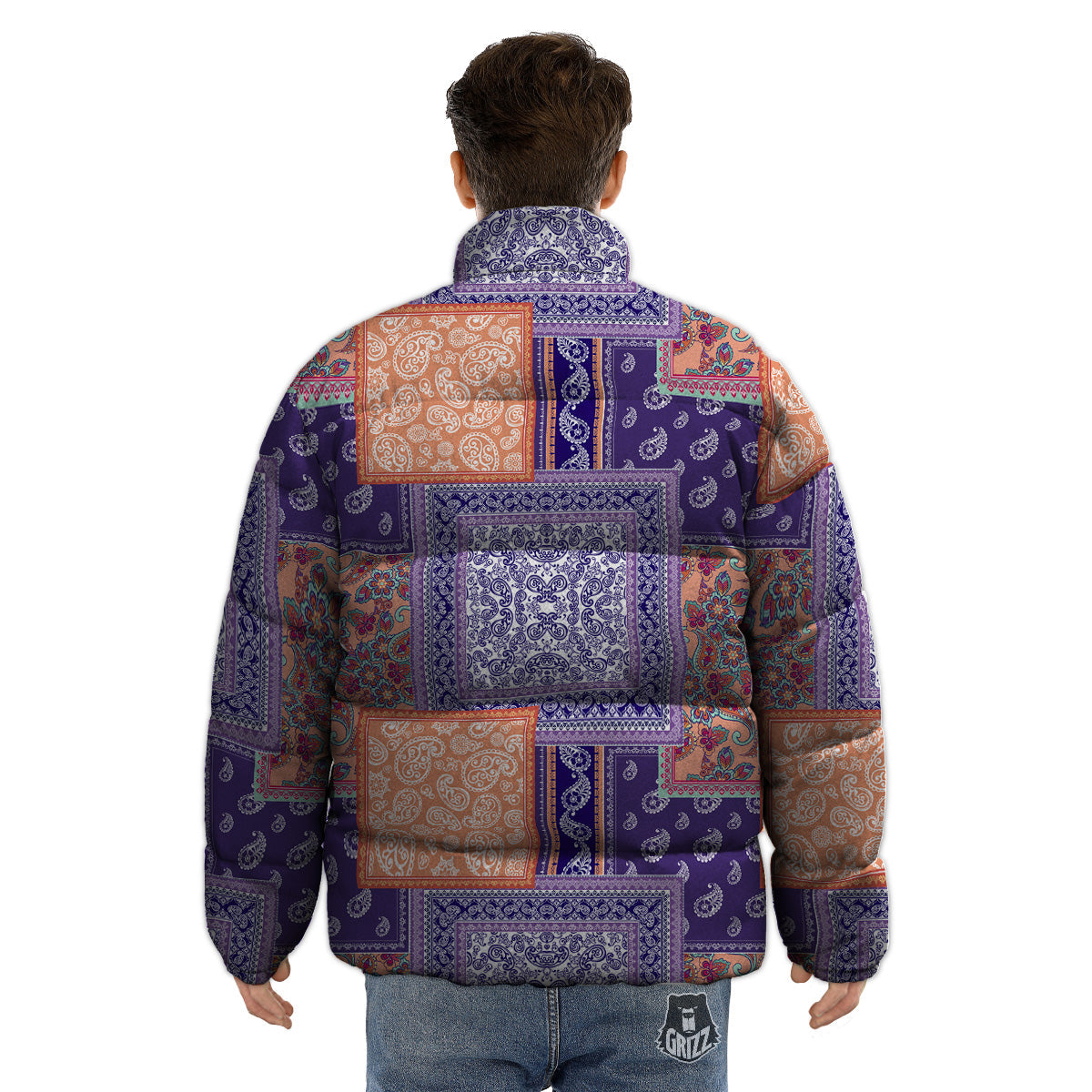 Patchwork Paisley Blue And Orange Print Pattern Puffer Jacket-grizzshop