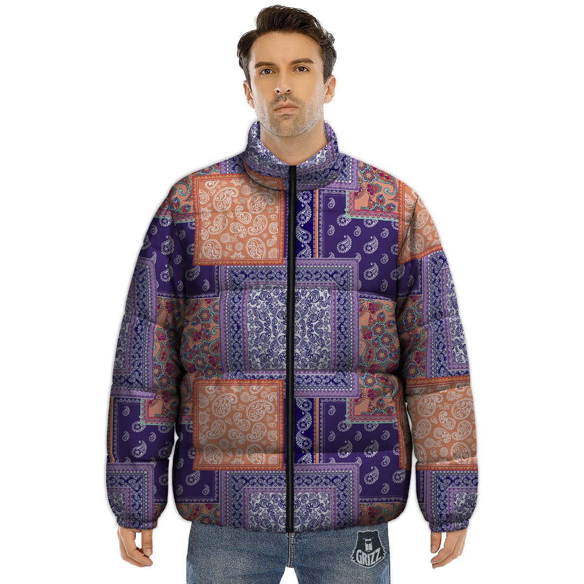 Patchwork Paisley Blue And Orange Print Pattern Puffer Jacket-grizzshop