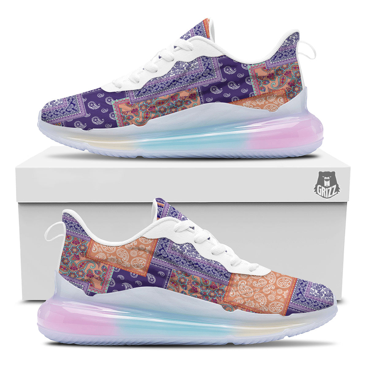 Patchwork Paisley Blue And Orange Print Pattern Running Sneakers-grizzshop