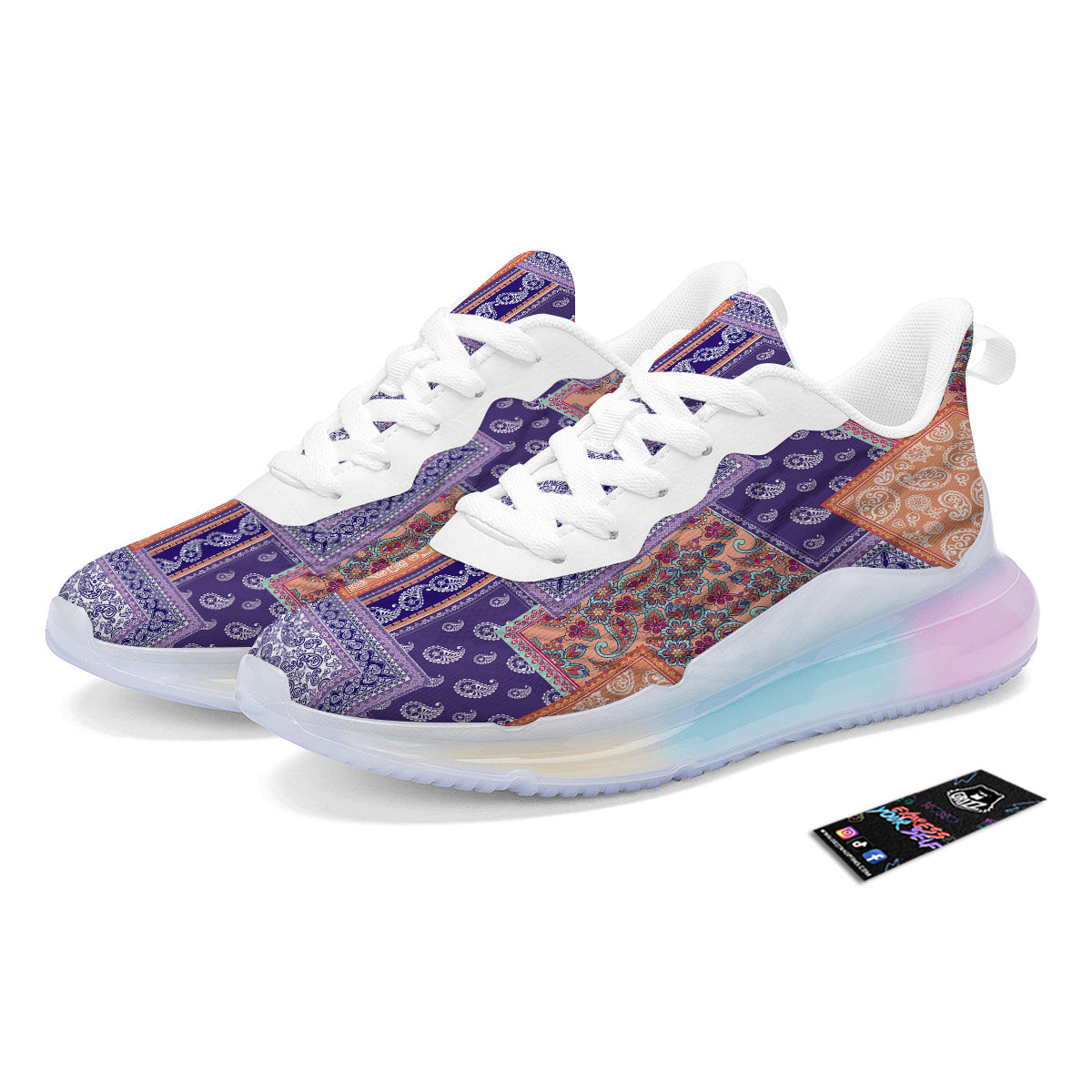 Patchwork Paisley Blue And Orange Print Pattern Running Sneakers-grizzshop