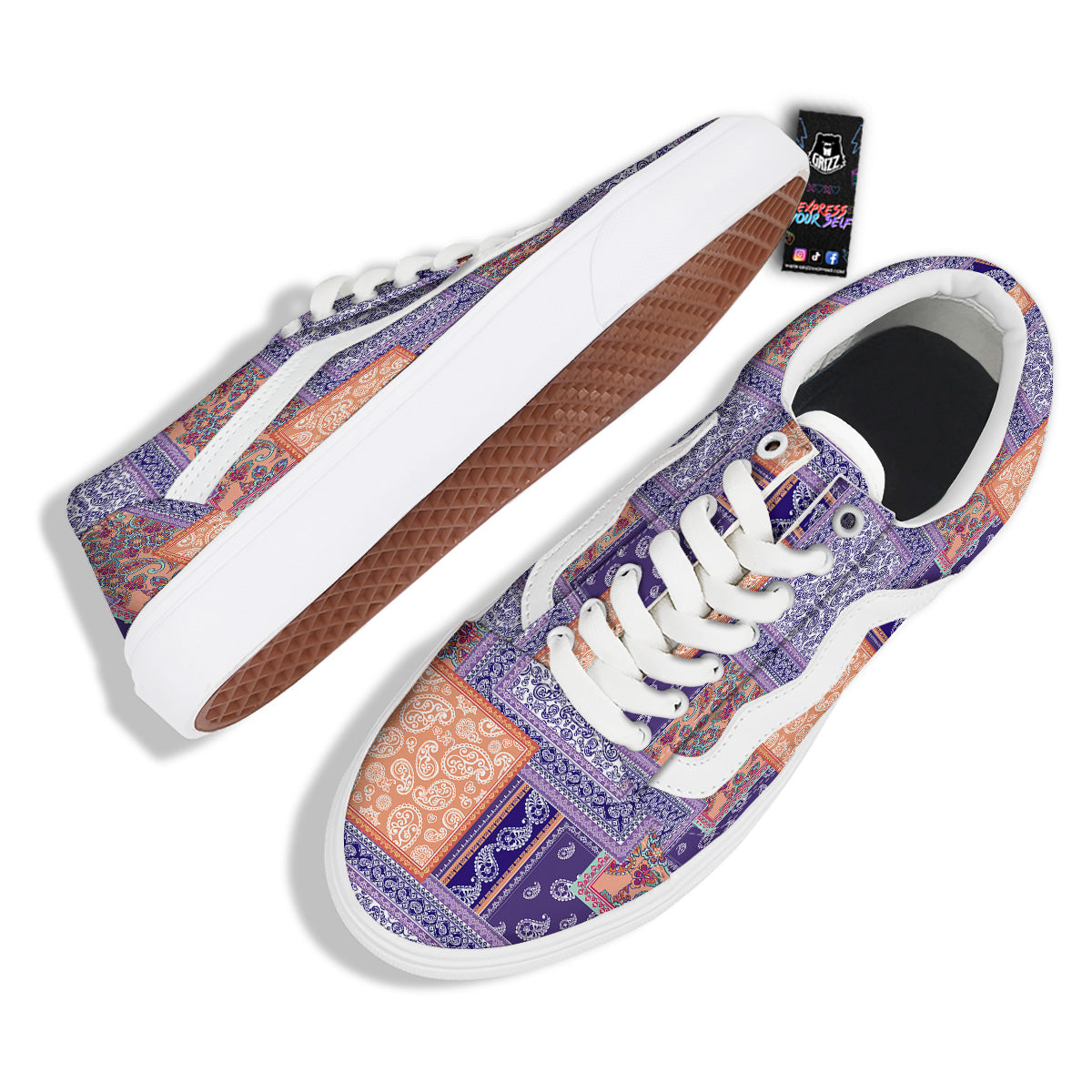 Patchwork Paisley Blue And Orange Print Pattern Skate Shoes-grizzshop