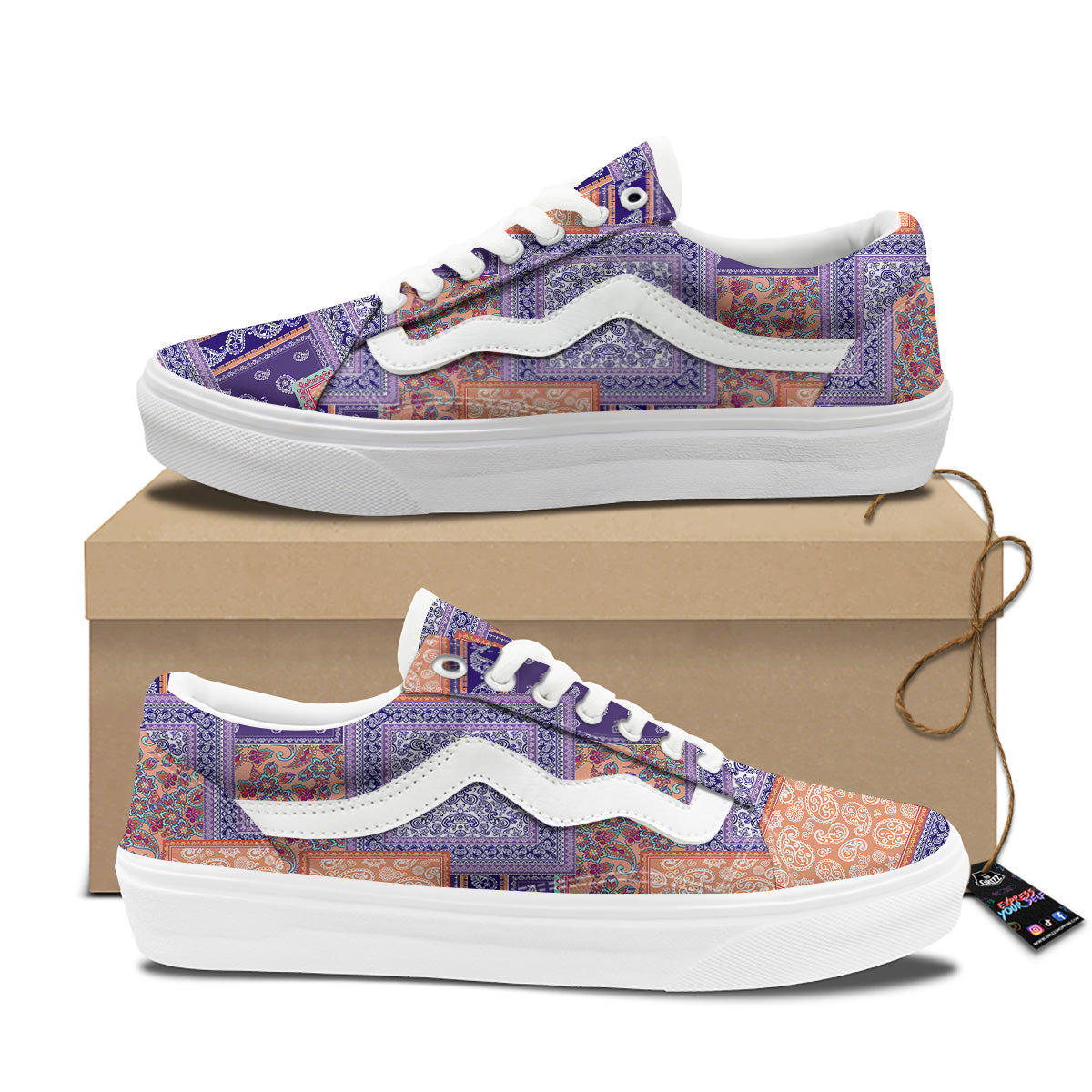 Patchwork Paisley Blue And Orange Print Pattern Skate Shoes-grizzshop