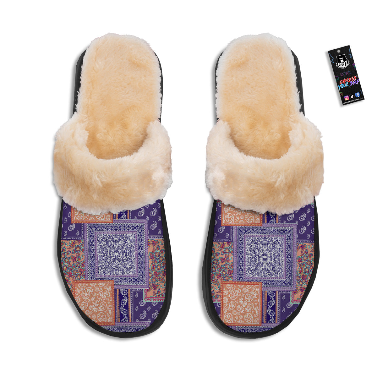 Patchwork Paisley Blue And Orange Print Pattern Slippers-grizzshop