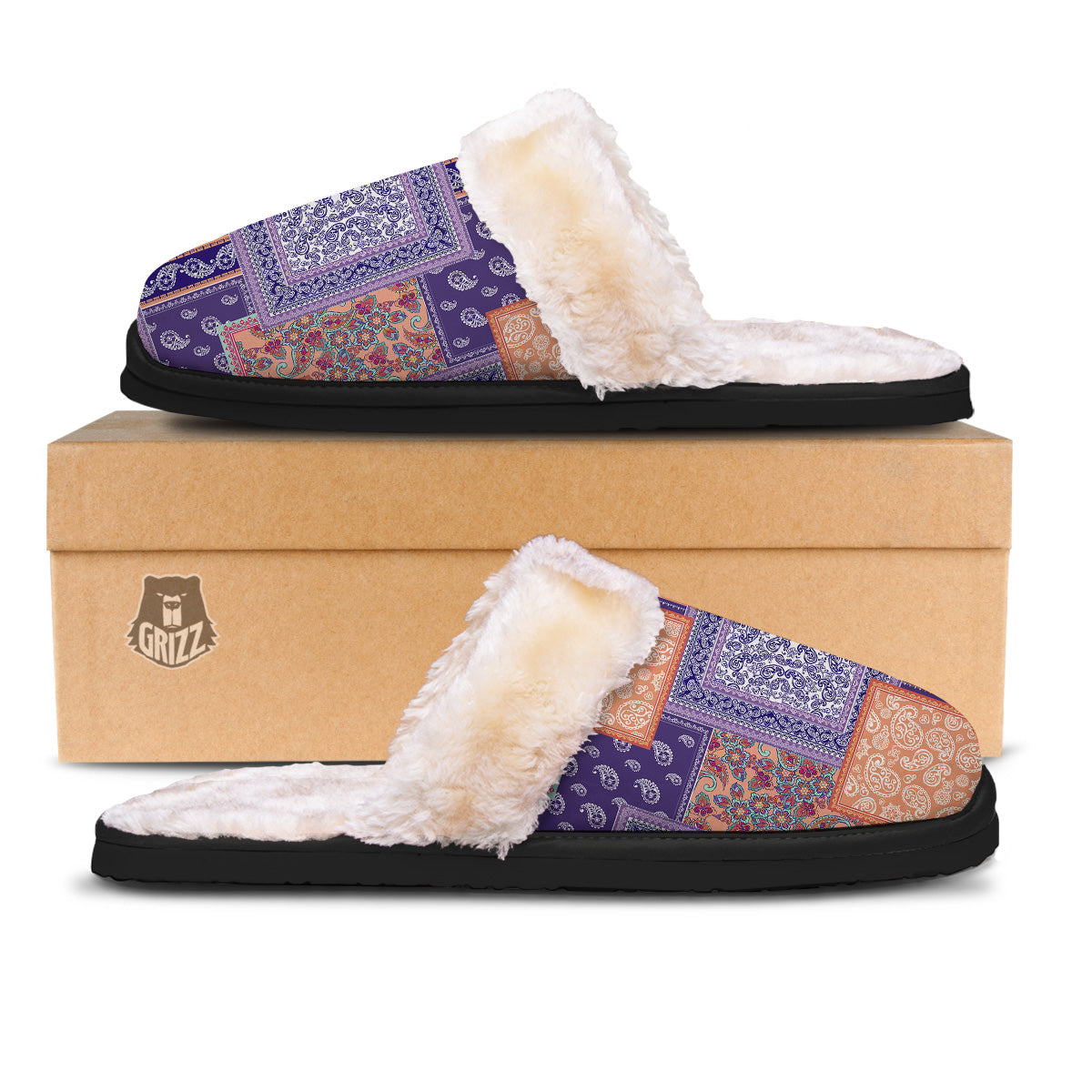 Patchwork Paisley Blue And Orange Print Pattern Slippers-grizzshop
